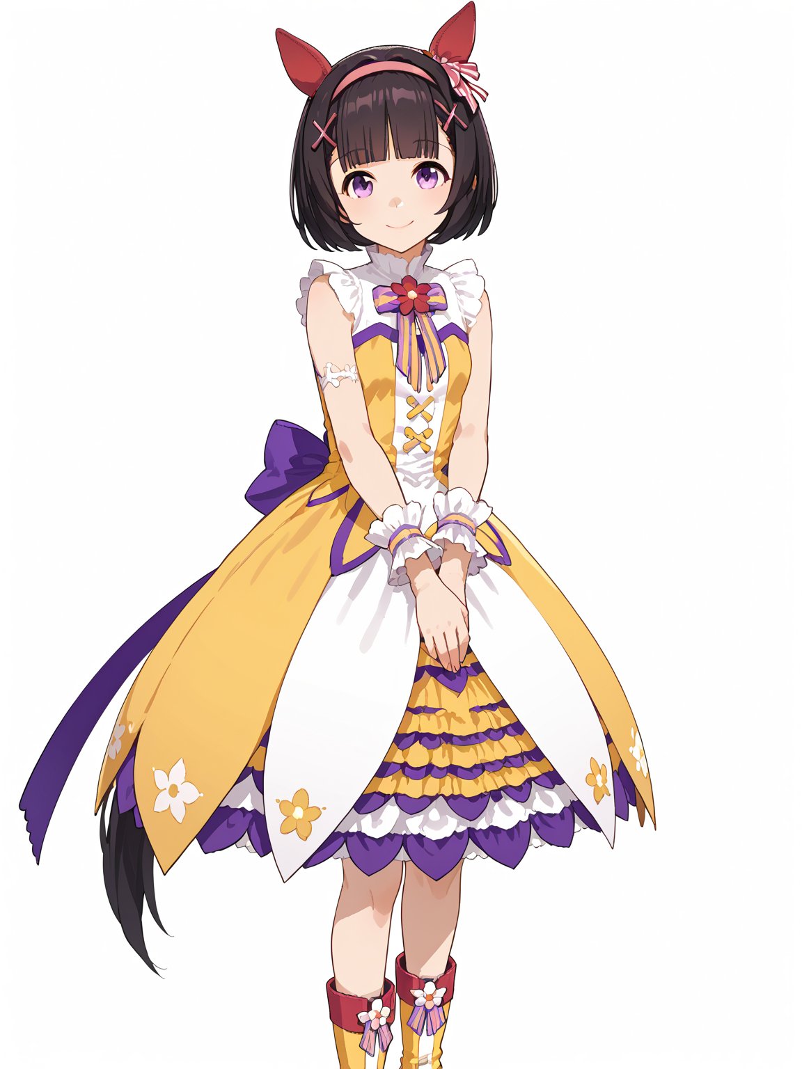 <lora:Nishino_flower_v1.0_Cibitai:0.7>,N_flower,bob cut,blunt bangs,short hair,blown hair,ear ornament,x hairclip,x hair ornament,pink hairband,purple eyes,horse ears,horse tail,small breasts,NF_dress,sleeveless dress,frilled cuffs,yellow dress,multicolored dress,ribbon with flower ornament on chest,purple ribbon with flower on waist,yellow boots,multicolored boots,clasping own hands,own hands together,standing,smile,simple background, white background,looking at viewer, score_9, score_8_up, score_7_up,source_anime