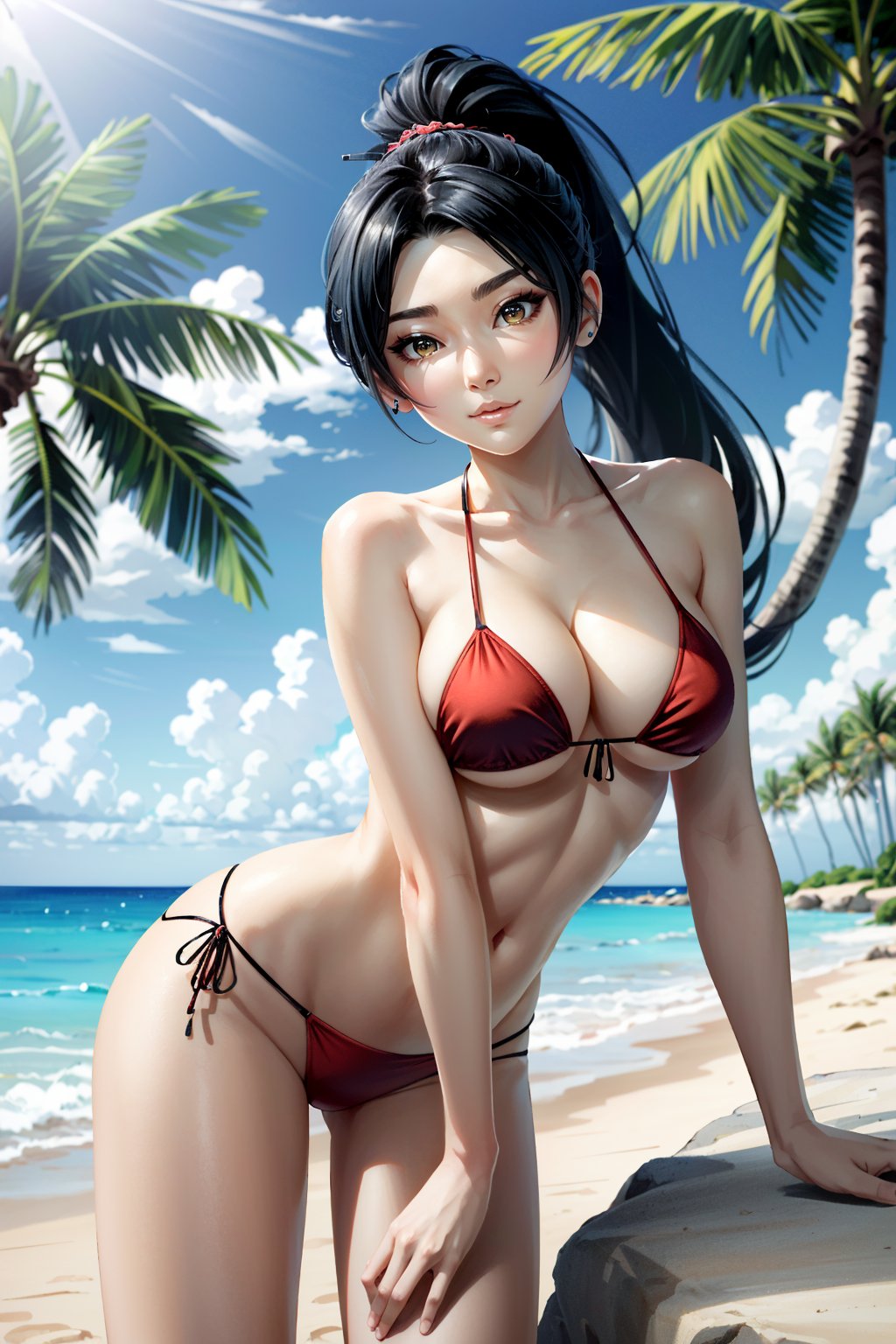 ((ultra detailed, masterpiece, absurdres)) <lora:DOAMomiji:0.9>DOAMomiji, 1girl, ponytail, long hair, on a tropical island, bikini, palm trees, ocean