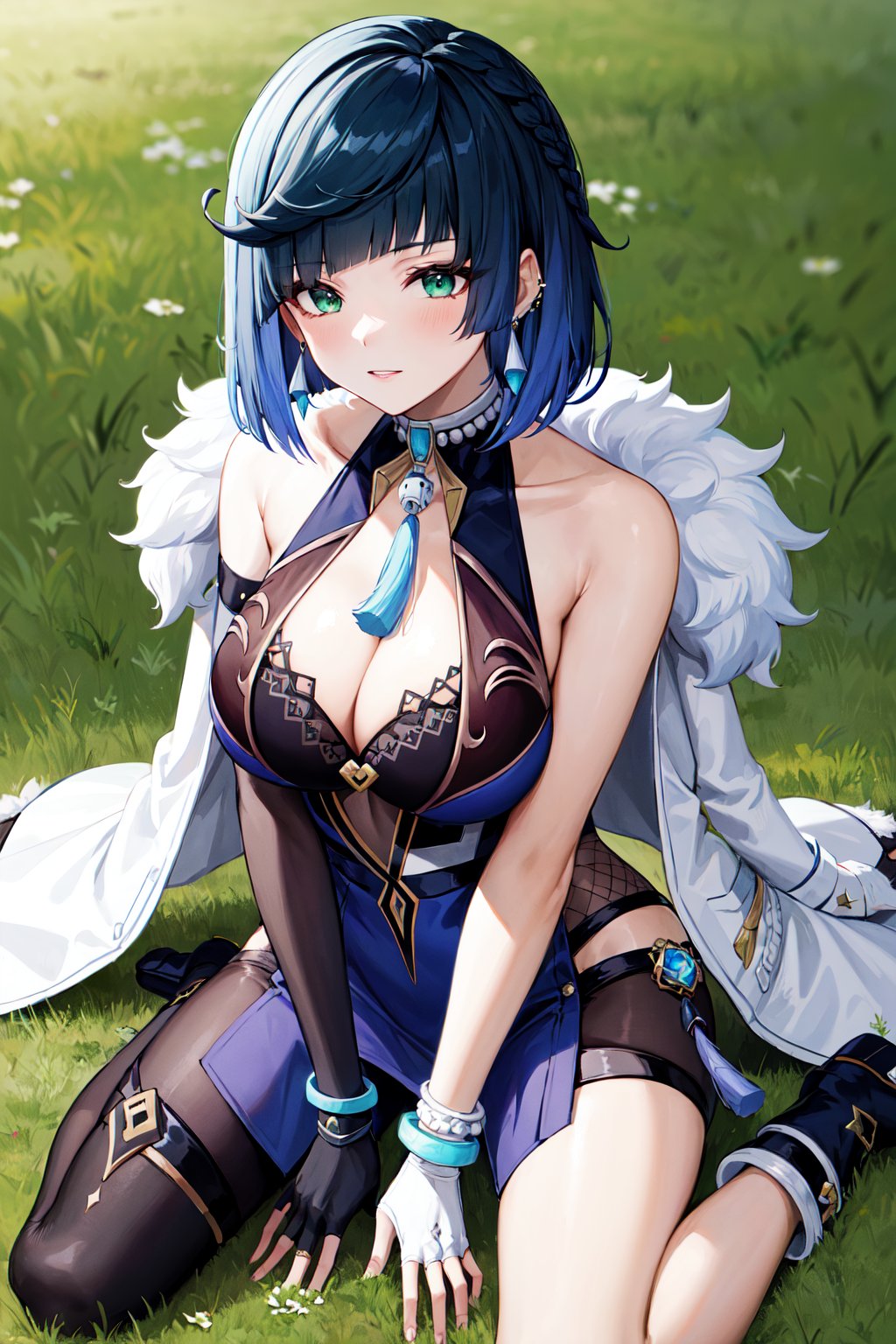 masterpiece, best quality, highres, aayelan, short hair, bob cut, braid, green eyes, earrings, neck tassel, jacket on shoulders, fur-trimmed jacket, white jacket, cleavage, blue dress, sleeveless, bracelet, asymmetrical gloves, fingerless gloves, elbow gloves, pelvic curtain, <lora:yelan_v1:0.7>, sitting, wariza, boots, field,