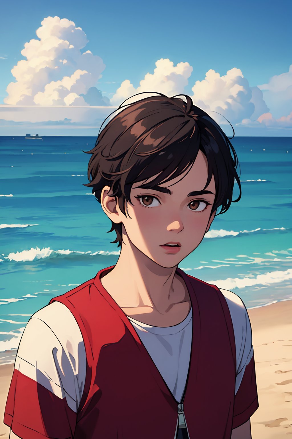 (best quality:1.4),(masterpiece:1.4),(8K:1.4),(extremely detailed:1.4),1boy,solo,brown eyes,(upper body:1.2),looking at viewer,short hair,black hair,sea,beach,wind,