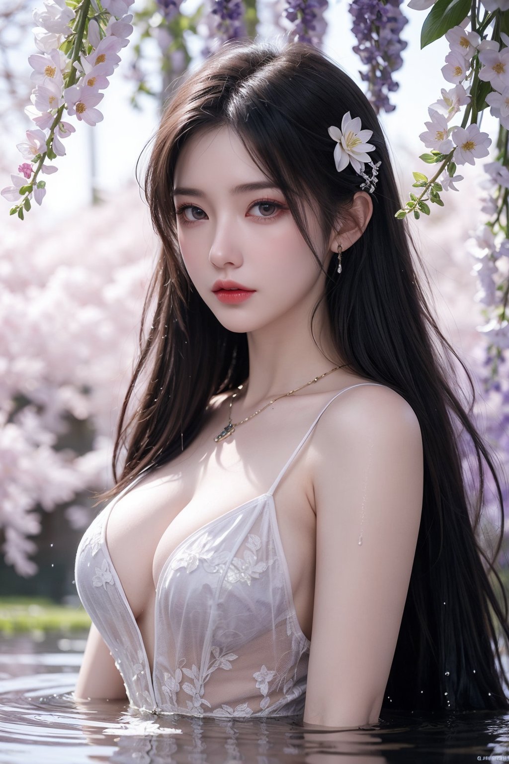 1girl, bare shoulders, bare tree, branch, breasts, cherry blossoms, cleavage, dress, falling petals, flower, full moon, hair flower, jewelry, lily \(flower\), lily pad, long hair, looking at viewer, lotus, medium breasts, moon, necklace, night, outdoors, petals, petals on liquid, pink flower, purple eyes, purple hair, solo, spring \(season\), standing, tree, very long hair, wading, water, wet, white flower, wisteria,(purple  girl),  <lora:比基尼:0.66>