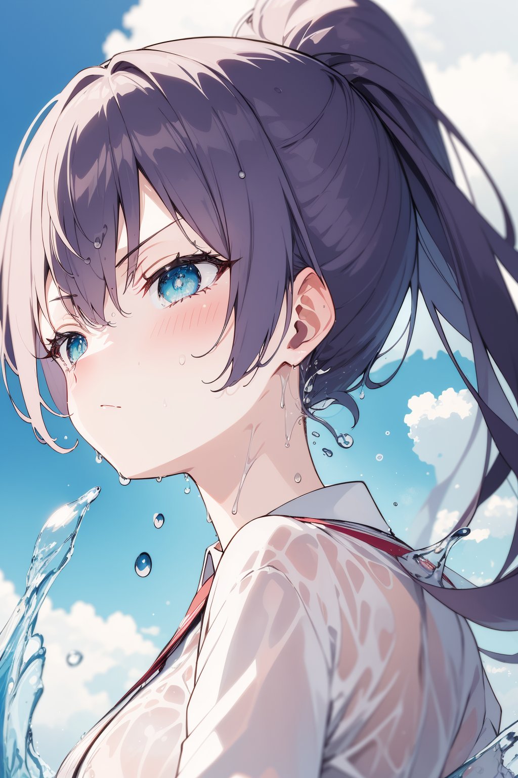 1girl,Suo Yuki,Side close-up,portrait,long hair,bangs,ponytail,sweatdrop,constricted pupils,((disgust)),beautiful_detailed_eyes,the best details,<lora:lbc_Suo_Yuki_v1.0-000008:0.9>,BREAK((water drops)),wet clothes,((beautiful detailed water)),((floating)),dynamic angle,