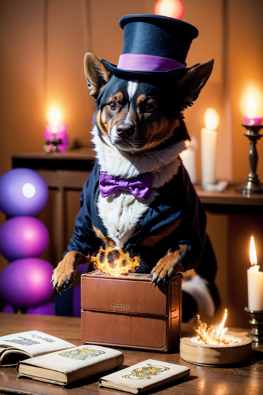 <lora:AgainRealistic_v2.0:1>,1boy, AgainRealistic_v2.0, animal, animal focus, black headwear, blurry, blurry background, book, bow, bowtie, brown eyes, candle, card, dog, clothed animal, fire, formal, hat, indoors, jacket, lamp, looking at viewer, male focus, no humans, purple bow, purple bowtie, realistic, shirt, solo, suit, table, top hat, upper body