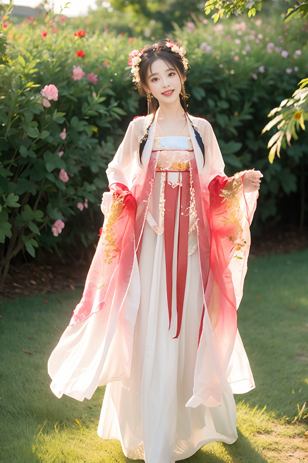1girl,looking_at_viewer,(bust:1.2),(standing:1),(light red and gold see-through hanfu:1.1),smile,flower field,