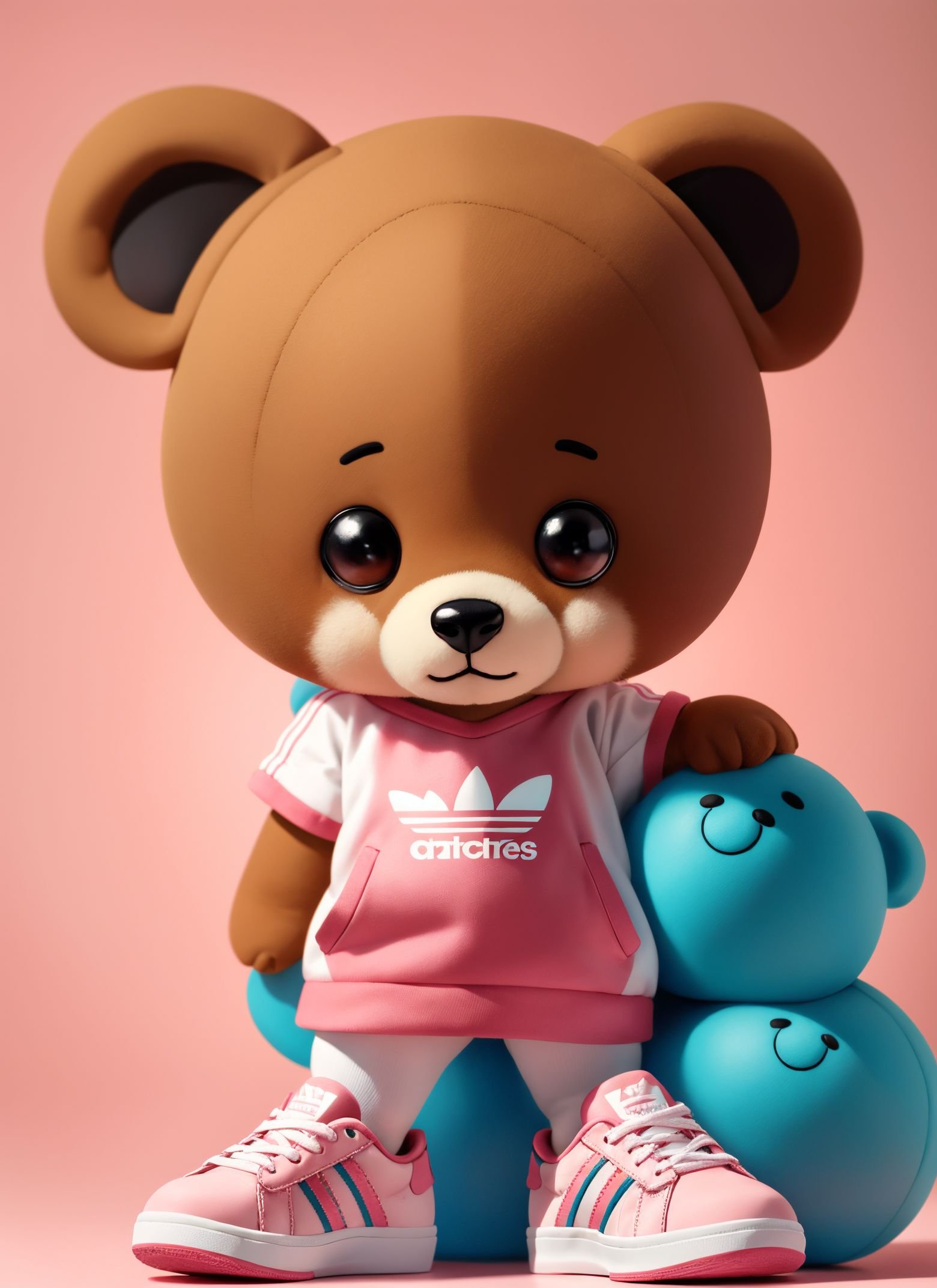 masterpiece,best quality,a small toy bear wearing an adidas outfit and sneakers,standing on a pink background,with a pink background,kawaii,chibi,chibi style,bold lines,and has a sense of design,