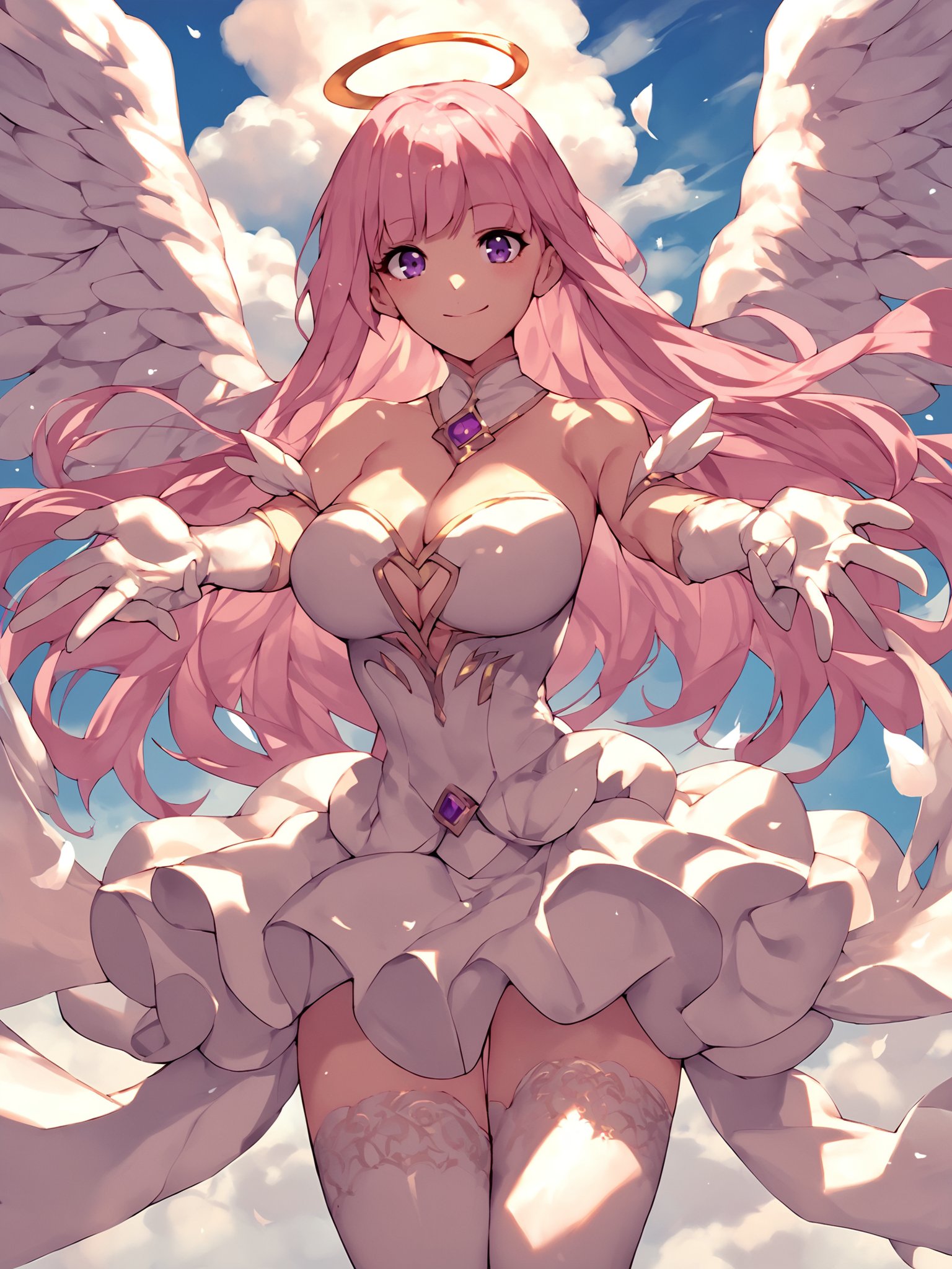 score_9, score_8_up, score_7_up, score_6_up, score_5_up, score_4_up,  <lora:Asask p6:1>1girl, solo, wings, long hair, pink hair, breasts, purple eyes, dress, smile, looking at viewer, white dress, feathered wings, outstretched arms, large breasts, angel wings, cloud, sky, bangs, cleavage, thighhighs, bare shoulders, gloves