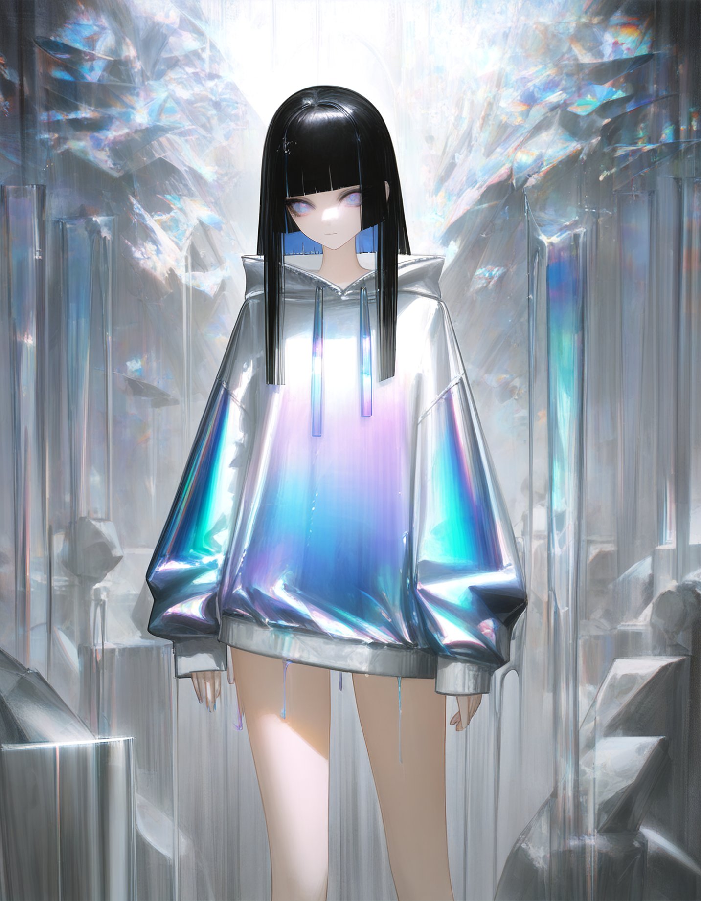 best quality, masterpiece, absurdres, fashion, standing, (iridescent:1.3) melting hoodie, thighs, by reoen, by rsef, by au \(d_elete\), 1girl, black hair, hime cut, stone