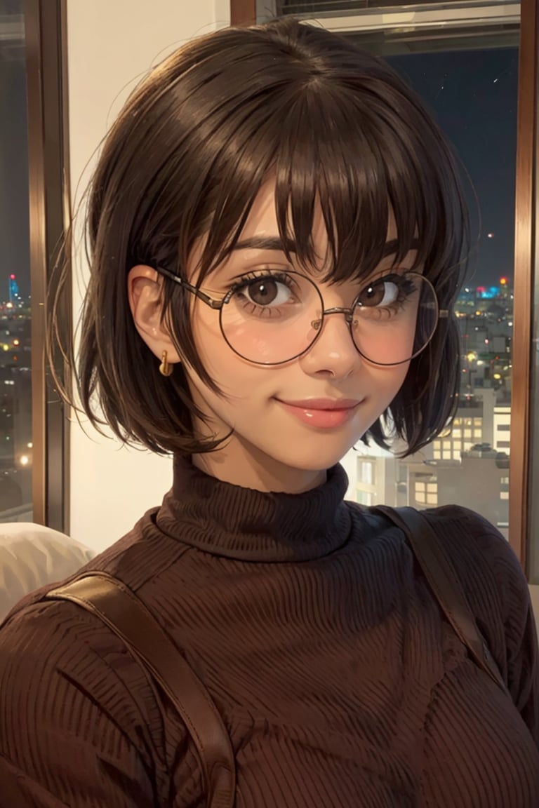 smiling at viewer, (portrait, close up,:1.2)lexupdog, 1girl, lips, short black hair, blunt end bangs, brown eyes, red ribbed sweater dress, gold jewelry, glasses,realistic, picturesque, indoors, night time, city skyline, japan, <lora:lexupdog_v3-04:0.8>