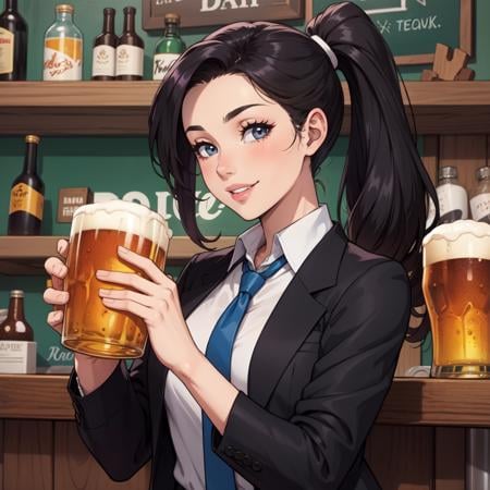 young woman at a bar drinking beer, white collared shirt, loose tie, black jacket, messy ponytails, side locks, smile, parted lips