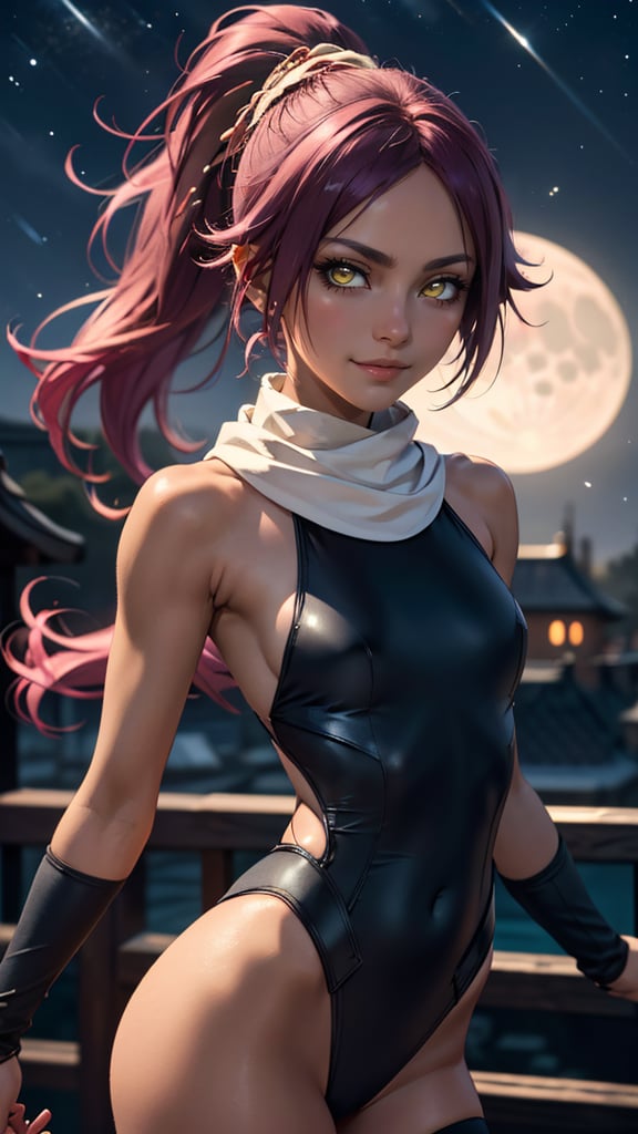 (best quality, masterpiece, colorful, highest detailed) upper body photo, fashion photography of cute (Shihouin Yoruichi), <lora:bleach_shihouin:1>, very slim, skinny, cute dark skin, dark-skinned female, (light smile:0.3), looking at viewer, ponytail, leotard, thighhighs, scarf, (ultra-detailed body), (light smile:0.3), moonlight passing through hair, (night beautiful background:1.3), (intricate details), (dynamic angle)