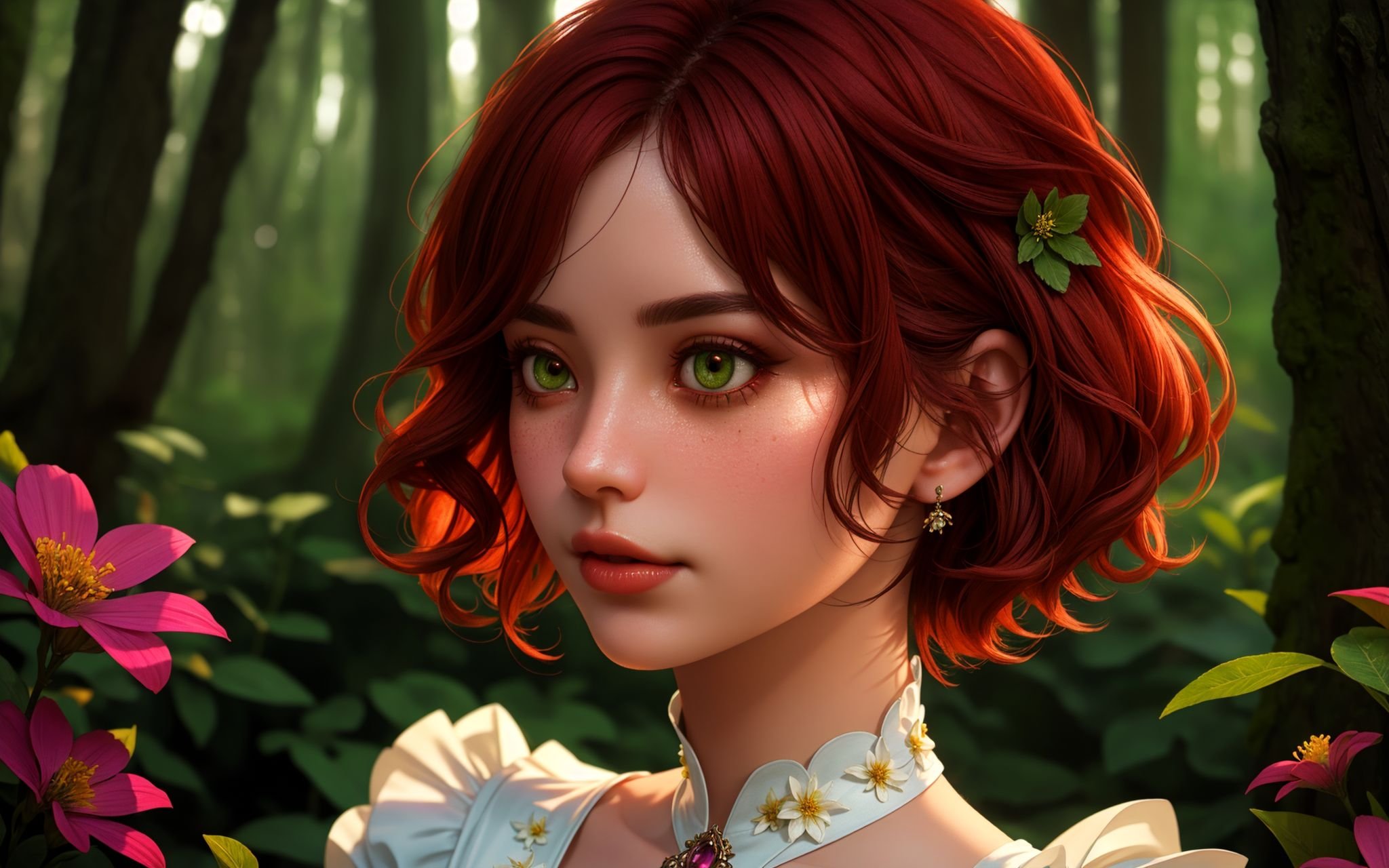 cute woman, (elegant, beautiful face), transparent white dress, forest moss, flowers feld, curly red hair, magical atmosphere, (short hair), ((detailed skin, skin texture)), ultradetailed (intricately detailed, fine details, hyperdetailed), raytracing, subsurface scattering, (fantasy underworld on background), diffused soft lighting, shallow depth of field, by (Oliver Wetter), sharp focus bokeh, (realistic photo quality:1.4)