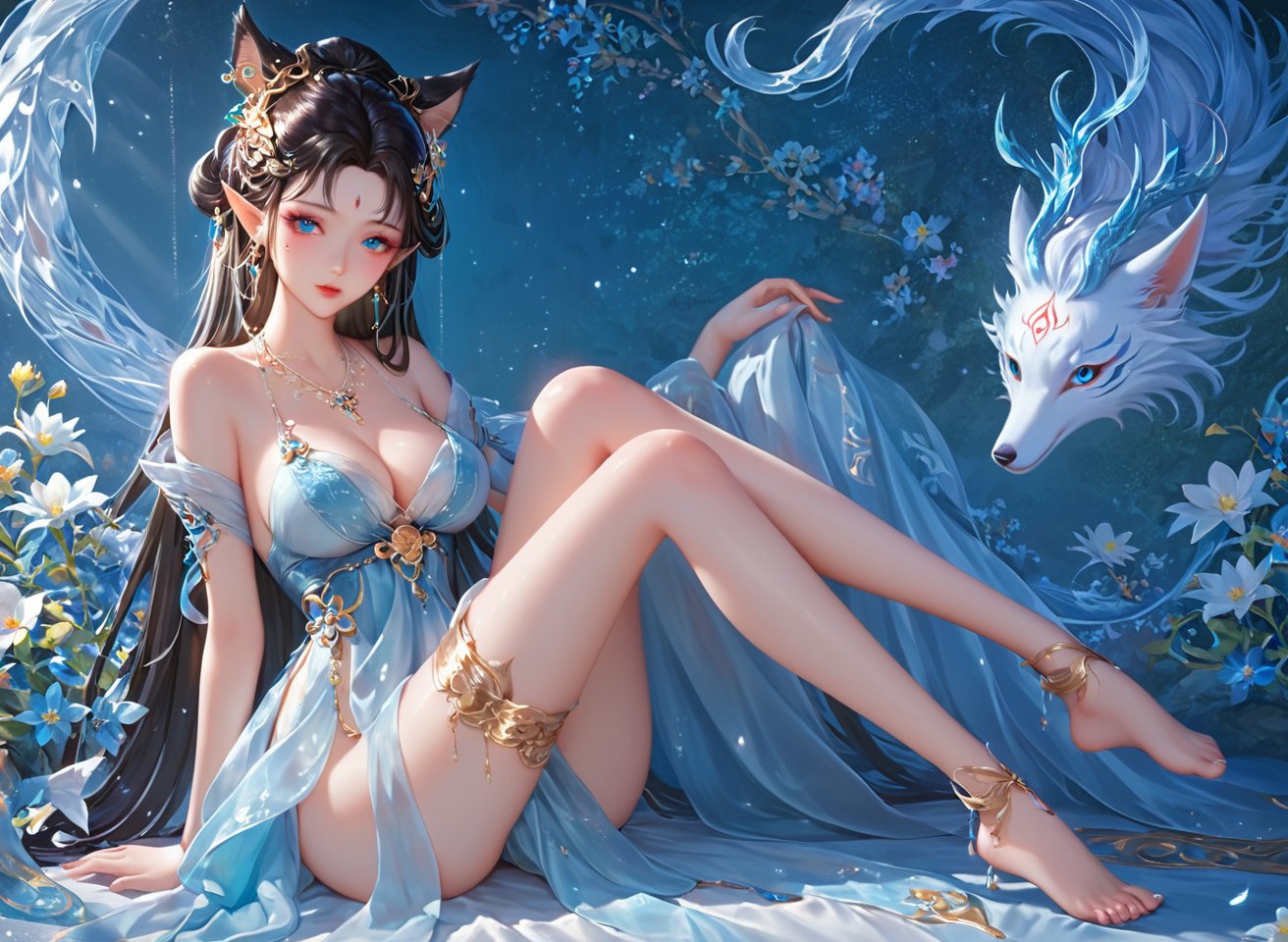 Score_9,Score_8_up,score_7 up,Depth,nsfw1girl, solo, breasts, long hair, barefoot, long hair, jewelry, forehead mark, necklace, blue eyes, hair ornament, earrings, looking at viewer, dress, bare shoulders, facial mark, cleavage, bare legs, pointy ears, full body,expressiveh,<lora:Expressive_H:0.9>,, Magic,Magic Games,Goddess Alliance,Western mythology,godness,hanfu,fox girl,Game character design,mythology,goddess,immortal,fantasy,bang,(long hair:1.1),beautiful girl,beautiful eyes,beautiful face,3sss skin,Soft illumination,ssr,intricate details, <lora:Vivian_Chow_XL_0_:0.51> <lora:add-detail-xl:0.5> <lora:古风动漫美女XL_古风动漫美女XL_v1.0:0.5> <lora:dragon_小龙女_水晶神龙1.0_v1.0:1>, <lora:宋制汉服_v1.0:0.5>Crawling in the flowers with legs up, gill  