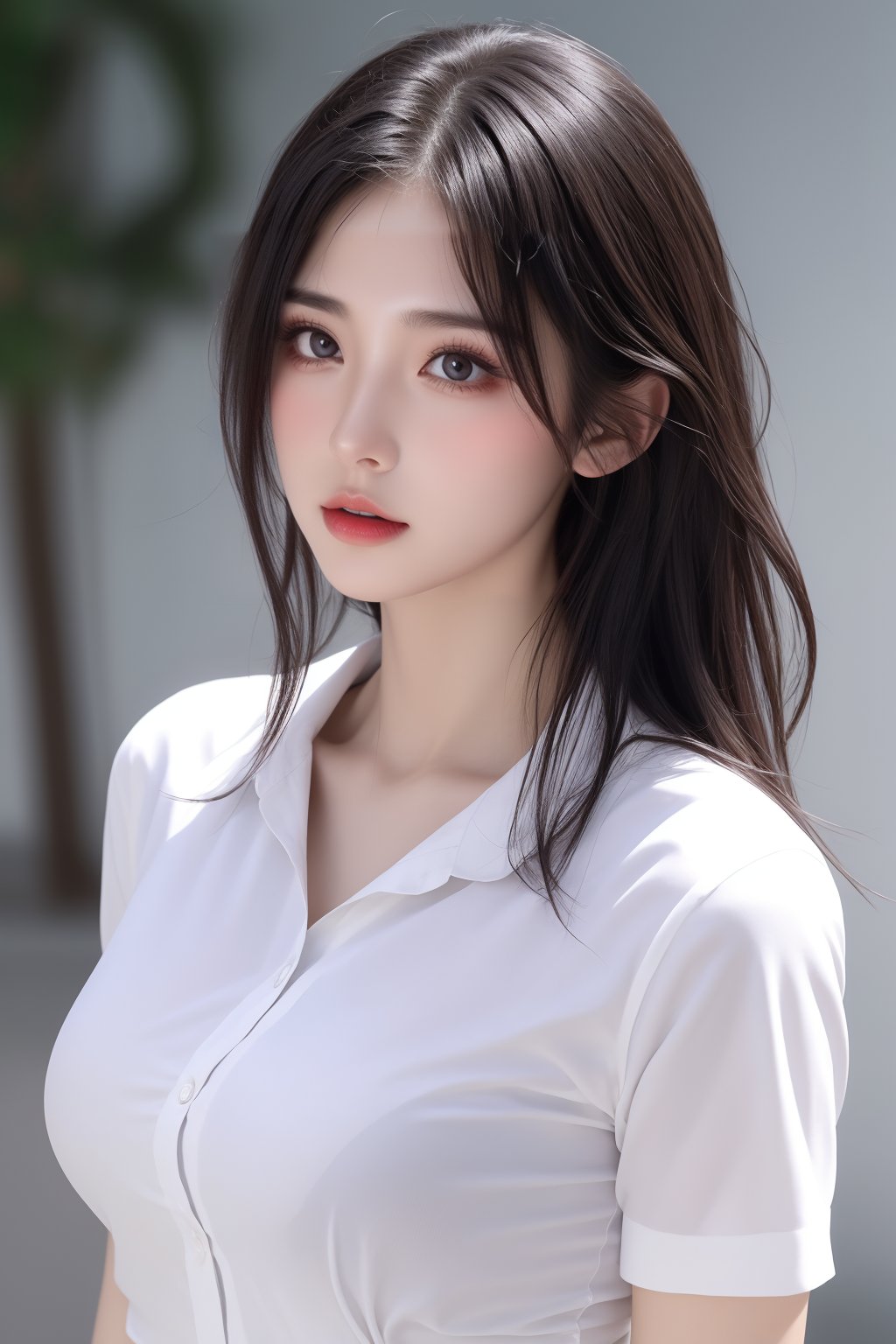 1girl, black hair, bra, bra visible through clothes, breasts, brown eyes, collared shirt, large breasts, lips, long hair, looking at viewer, nose, photorealistic, realistic, see-through, shirt, short sleeves, solo, underwear, upper body, wet clothes, wet shirt, white shirt, wing collar <lora:美女:0.8>