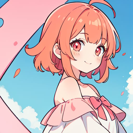 1girl,(hime cut,asymmetric bangs,messy hair,(red pink orange hair, )),pink glowing eyes,smile,short hair,blue sky,<lora:standingFullBodyWithBackgroundStyle_v10Offset（立绘法:1>,blue inside hair,white off shoulder dress,, fcportrait, masterpiece, best quality,