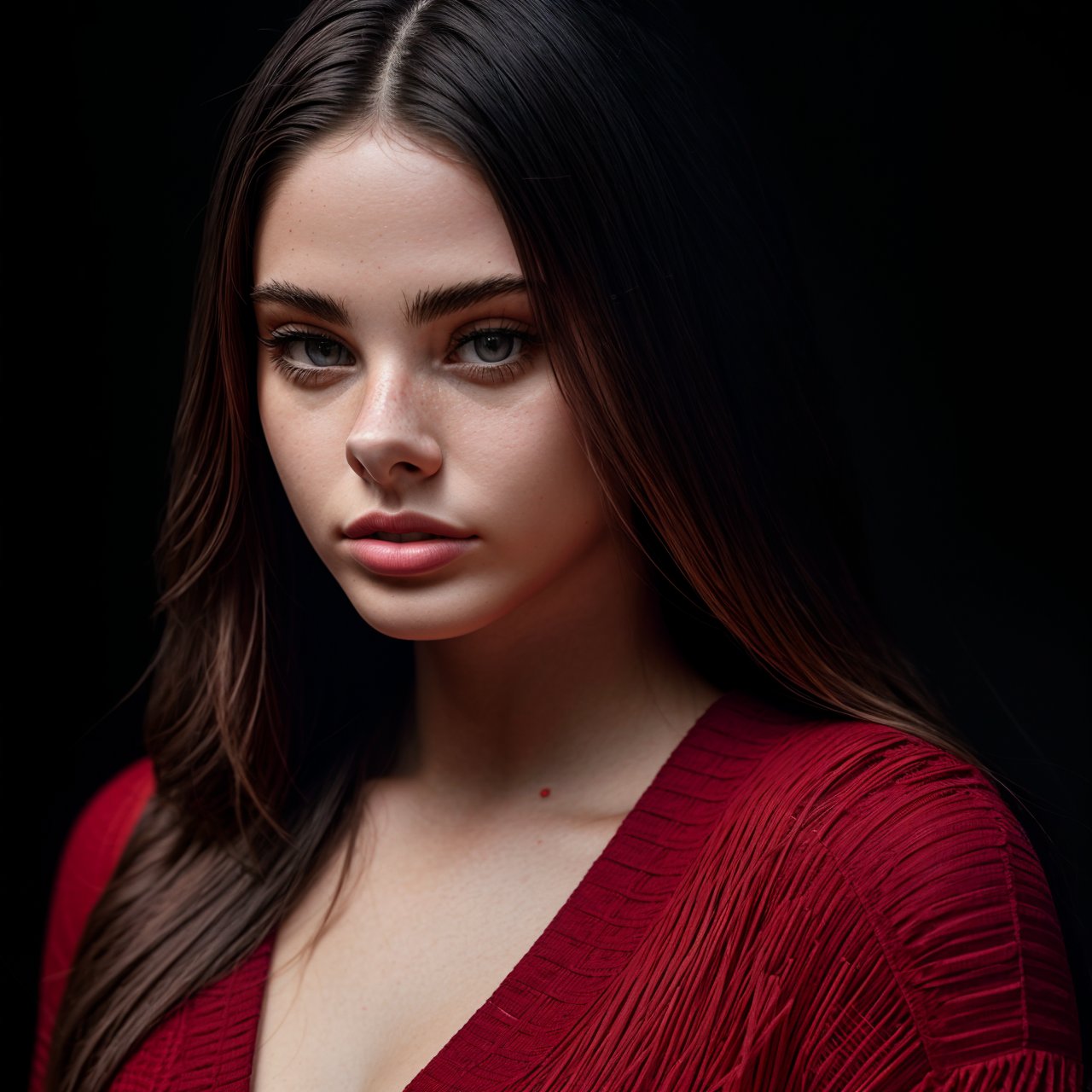 (masterpiece:1.3), wallpaper looking back, full body portrait of self-assurance (AIDA_LoRA_MeW2023:1.06) <lora:AIDA_LoRA_MeW2023:0.96> in (simple red shirt:1.1), [stunning woman], pretty face, parted lips, cinematic, dramatic, insane level of details, intricate pattern, kkw-ph1, (colorful:1.1), (studio photo:1.1), (simple black background:1.1)