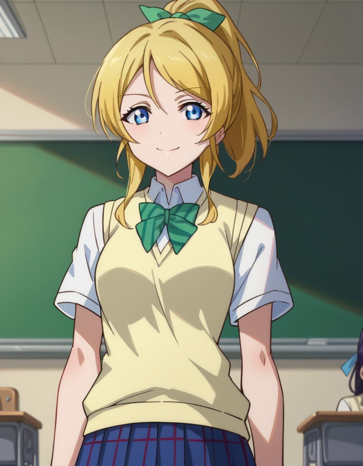 score_9, score_8_up, score_7_up, source_anime,eliayase, <lora:eli-ayase-s1-ponyxl-lora-nochekaiser:1>,eli ayase, yellow hair, blue eyes, ponytail, hair ribbon,otonokizaka school uniform, pleated skirt, school uniform, short sleeves, skirt, summer uniform, sweater vest, yellow sweater vest,indoors, classroom, smile,looking at viewer, cowboy shot, dutch angle,