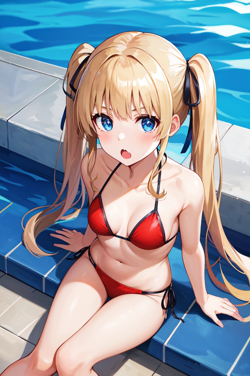 masterpiece, best quality, highres, aaeriri, long hair, twintails, hair ribbon, fang, red bikini, string bikini, <lora:sawamura_spencer_eriri_v1:0.7>, poolside, sitting, :o, from above, 