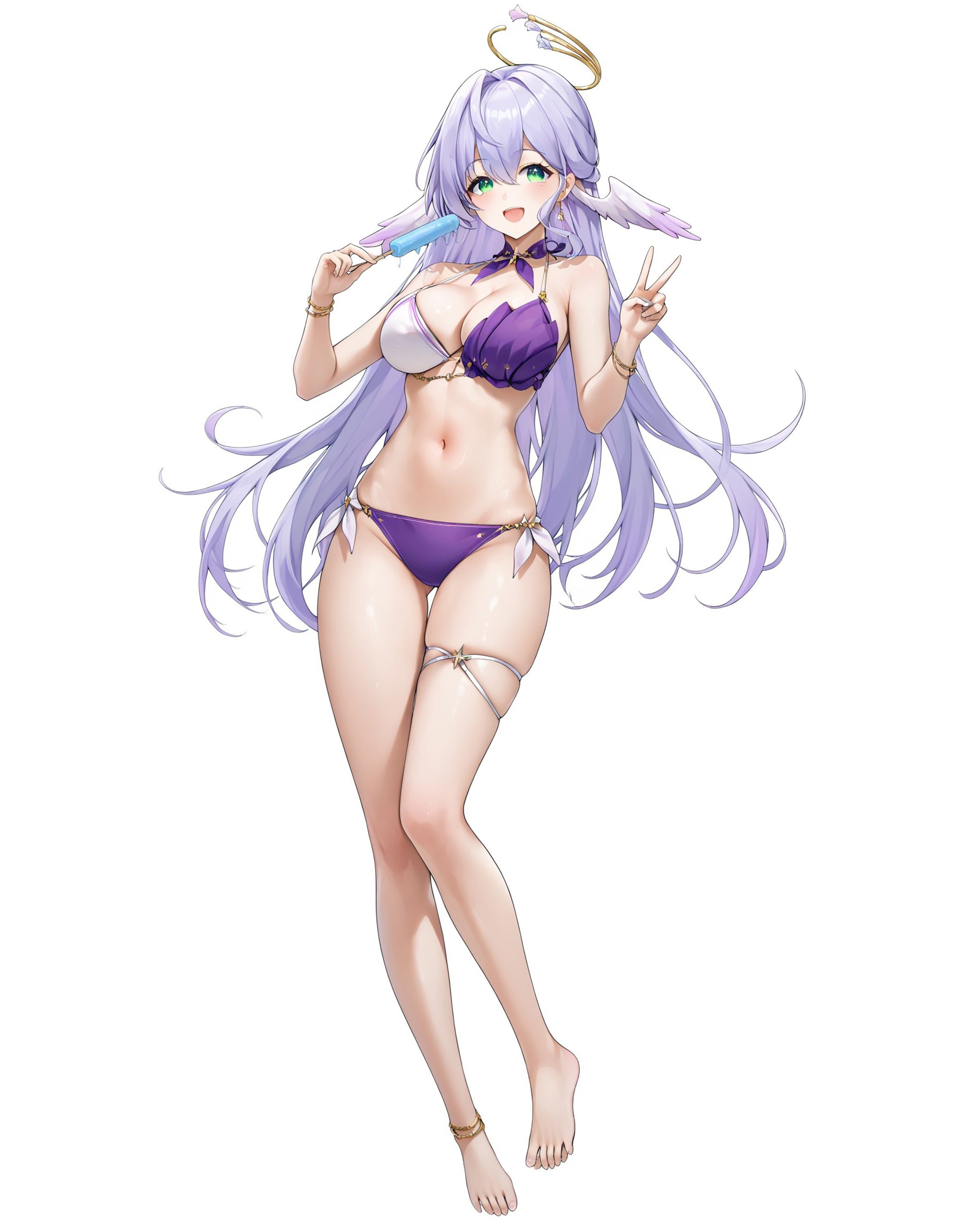 1girl, Robin, solo, long hair, breasts, looking at viewer, smile, open mouth, bangs, large breasts, simple background, white background, navel, holding, cleavage, hair between eyes, bare shoulders, jewelry, very long hair, green eyes, standing, swimsuit, full body, purple hair, ahoge, :d, bikini, thighs, earrings, food, barefoot, choker, stomach, bracelet, feet, bare arms, v, skindentation, thigh strap, halterneck, halo, holding food, popsicle, anklet, purple bikini, <lora:5ebb583e-b819-44e8-9574-1d479198ab37:0.7>