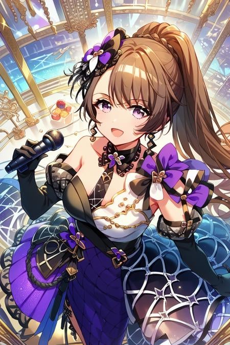 score_9, score_8_up, score_7_up, score_6_up, 1girl, <lora:Himegami_Shano:0.9> himegami, microphone, gloves, brown hair, ponytail, solo, dress, elbow gloves, holding microphone, purple eyes, breasts, long hair, black gloves, food, microphone stand, navig