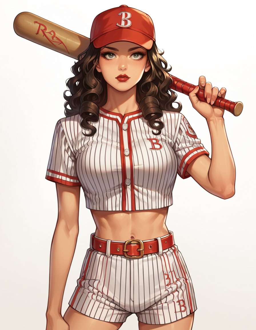 score_9, score_8_up, score_7_up, score_6_up, anime, best quality, 1girl, long black curly hair, red lipstick, hud_bbll_plyr, baseball cap, striped, midriff, belt, baseball uniform, shorts, crop top, <lora:hud_bbll_plyr-000008:0.8>, baseball bat