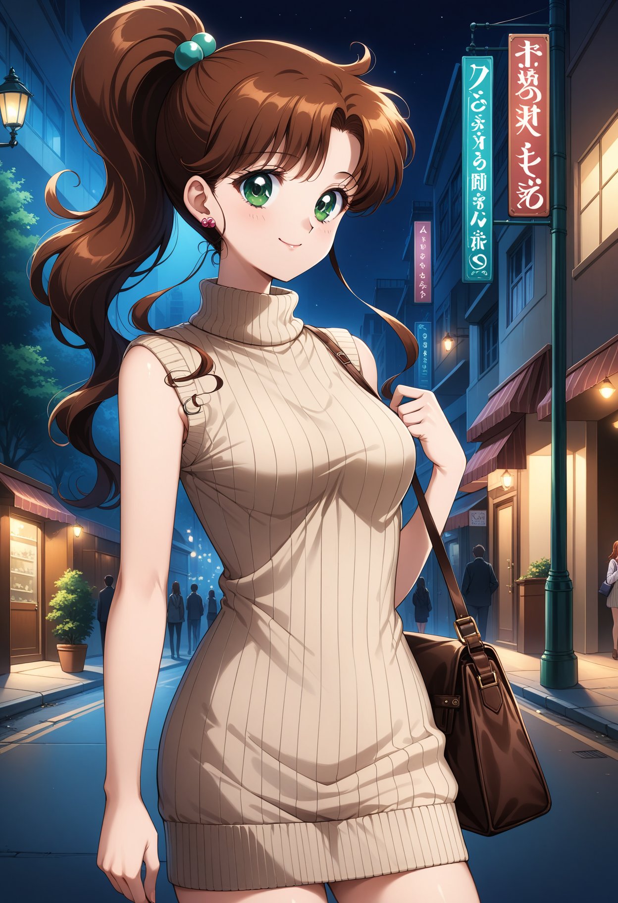 (masterpiece, best quality, very aesthetic, ultra detailed), intricate details, 4k, aajupiter, long hair, brown hair, ponytail, hair bobbles, earrings, green eyes, <lora:sailor_jupiter_animaginexl_v2:0.9>, ribbed sweater, sweater dress, sleeveless, turtleneck, shoulder bag, smile, night, street, standing, cowboy shot,