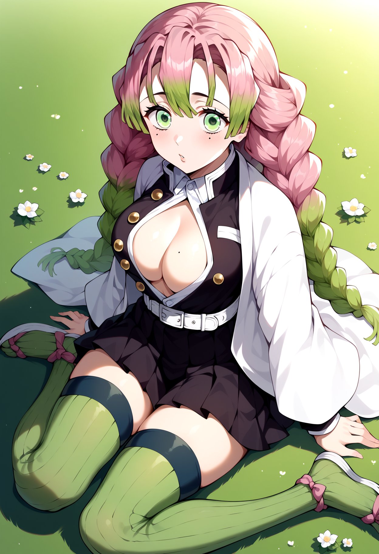 score_9, score_8_up, score_7_up, source_anime, aamitsuri, long hair, braid, multicolored hair, green eyes, mole under eye, large breasts, japanese clothes, cleavage, white jacket, haori, black shirt, open clothes, belt, pleated skirt, black skirt, green thighhighs, ribbed legwear, <lora:kanroji_mitsuri_ponyxl_v1:0.8>, on floor, sitting, field, grass, 