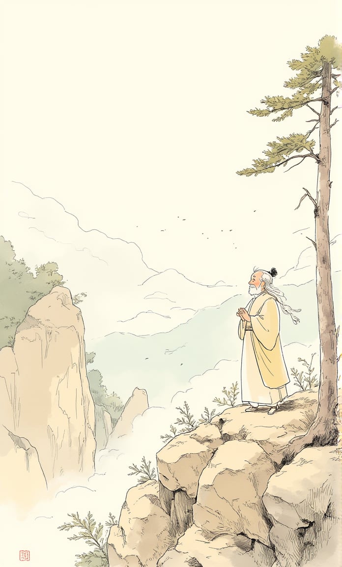 guohuashanshui, masterpiece, Landscape woodcut prints, Lushan Waterfall, a Taoist saint in a plain white robe, standing on a mist-shrouded mountain peak, staring into the distance, as if understanding the mysteries of the universe. Behind him, a tall ancient pine tree, accompanied by the distant bells, creates an atmosphere of tranquility that transcends the mundane world. Hand painted, Chinese ink artistic conception, shanshui