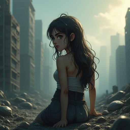 Jkimeraj girl in destroyed city,post-apocalyptic,  cinematic composition