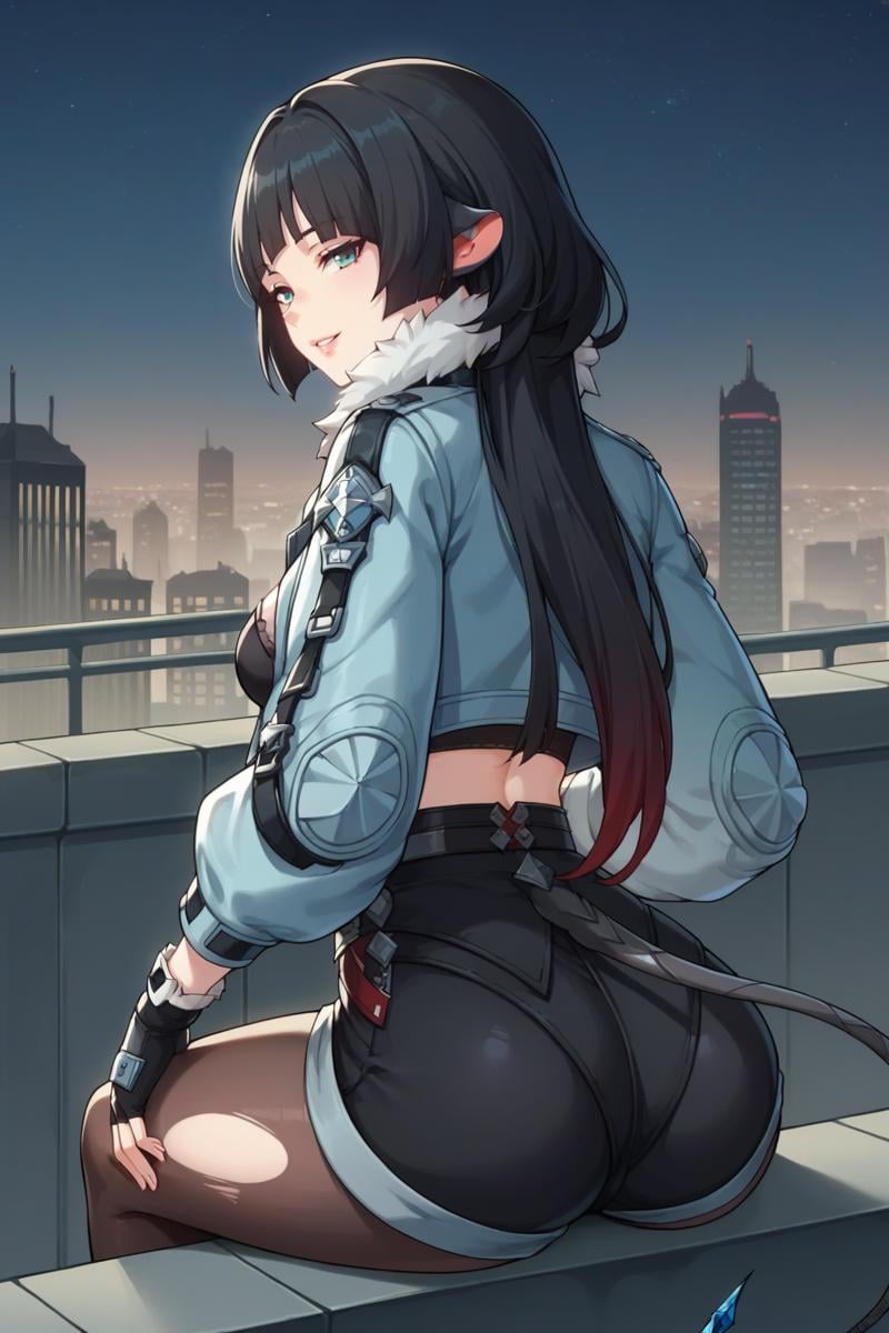 score_9, score_8_up, score_7_up, source_anime, 1girl, prefect lighting, very aesthetic, intricate details, highly detailed background, masterpiece, high quality, prefect hands, best quality, solo,<lora:Jane_Doe_ZZZ_V2:.85>, KJOjane, long hair, black hair, aqua eyes, blunt bangs, tail, mouse ears, animal ears, colored tips, open jacket, puffy long sleeves, fur trim, shorts, pantyhose, ripped pantyhose, fingerless gloves,from behind, sitting, edge, looking back, smile, parted lips, city, rooftop, night,(Beautiful, medium Breasts:1.2), natural breasts,