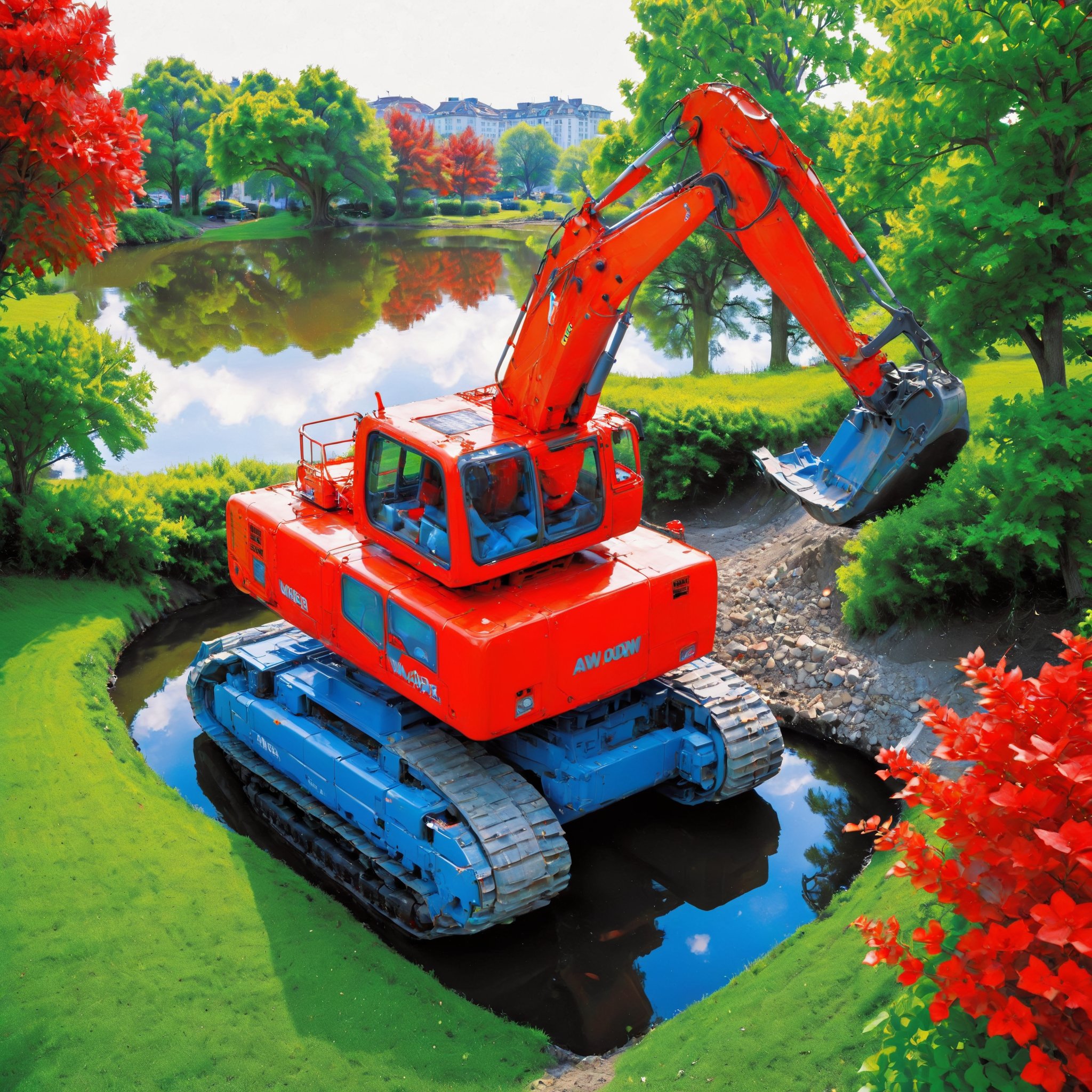 aw0k euphoricred style, a excavator in a pond, city,  <lora:redstyle-000009:0.8>