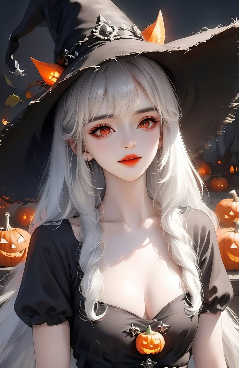 1girl,solo,earrings,jewelry,hat,red eyes,(cleavage:1.3),mask,jack-o'-lantern,pointy ears,looking at viewer,long hair,witch hat,halloween,upper body,dress,pumpkin,white hair,black dress,breasts,black headwear,glowing,bangs,closed mouth,witch,thorns,black background,lips,medium breasts,fire,artist name,english text,