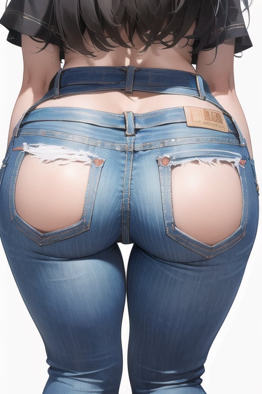 (best quality,4k,highres,masterpiece:1.2),ultra-detailed,1girl,ass,ass focus,back,blue pants,clothes pull,denim,jeans,lower body,mole,mole on ass,pants,pants pull,simple background,solo,undressing,white background,