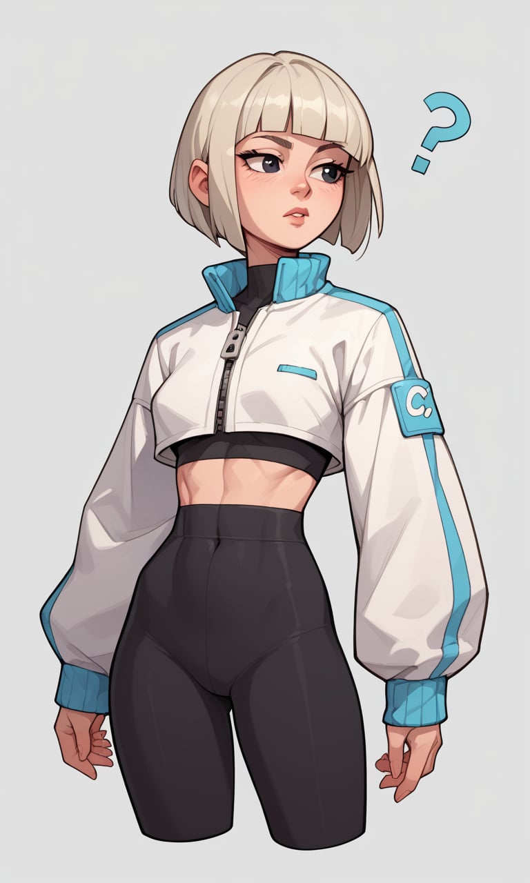 score_9, score_8_up, score_7_up, score_6_up, score_5_up, score_4_up, source_cartoon, BREAK, 1lady,solo,leggings,cropped top,jacket,platinum blonde,bob cut,cowboy shot,black eyes,a hovering question mark