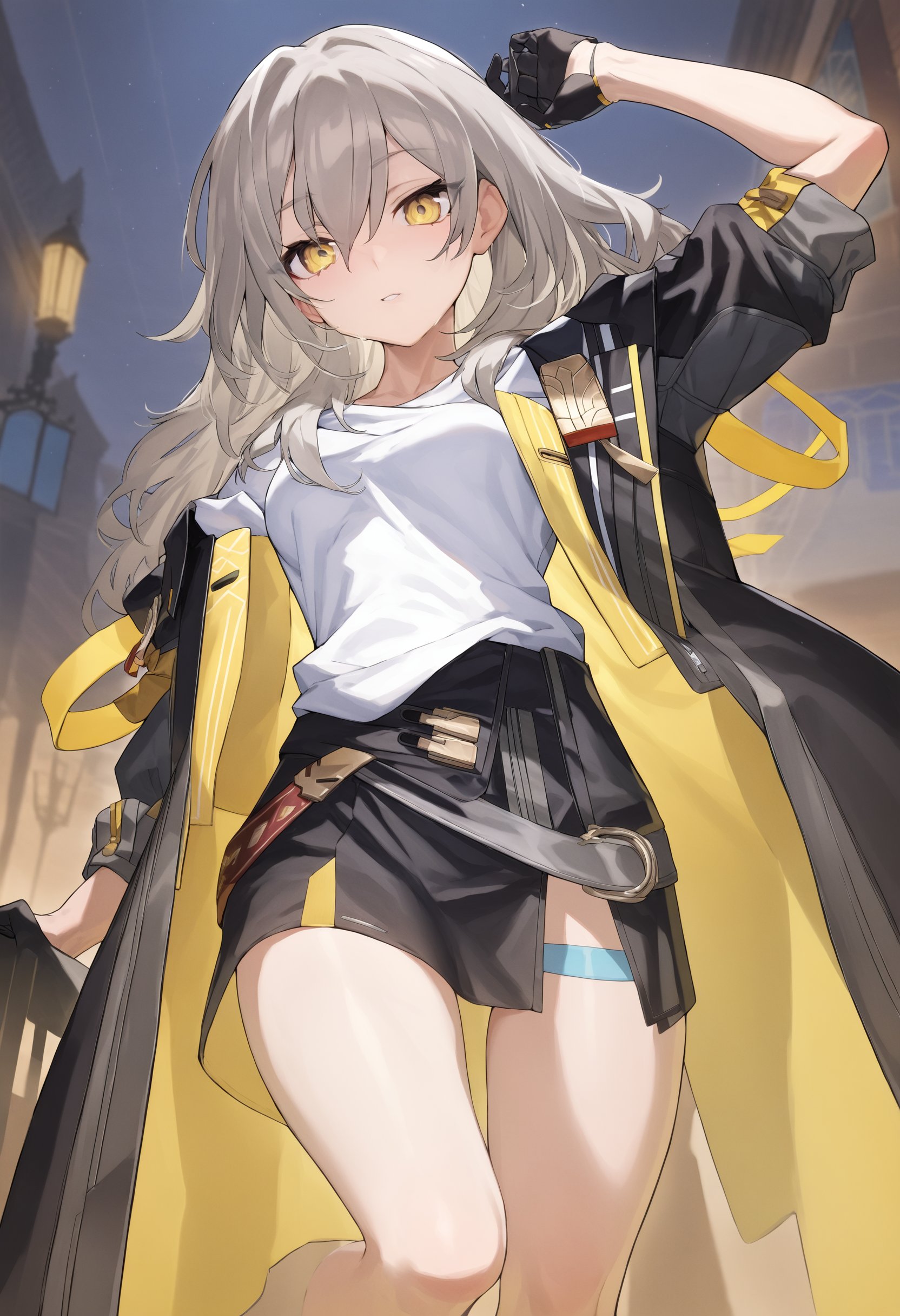 <lora:xl_Stelle(kohaku_delta):1>,stelle is a girl with long gray hair and yellow eyes,she is wearing the 'xing' outfit which includes shirt coat skirt glove,, masterpiece, best quality,