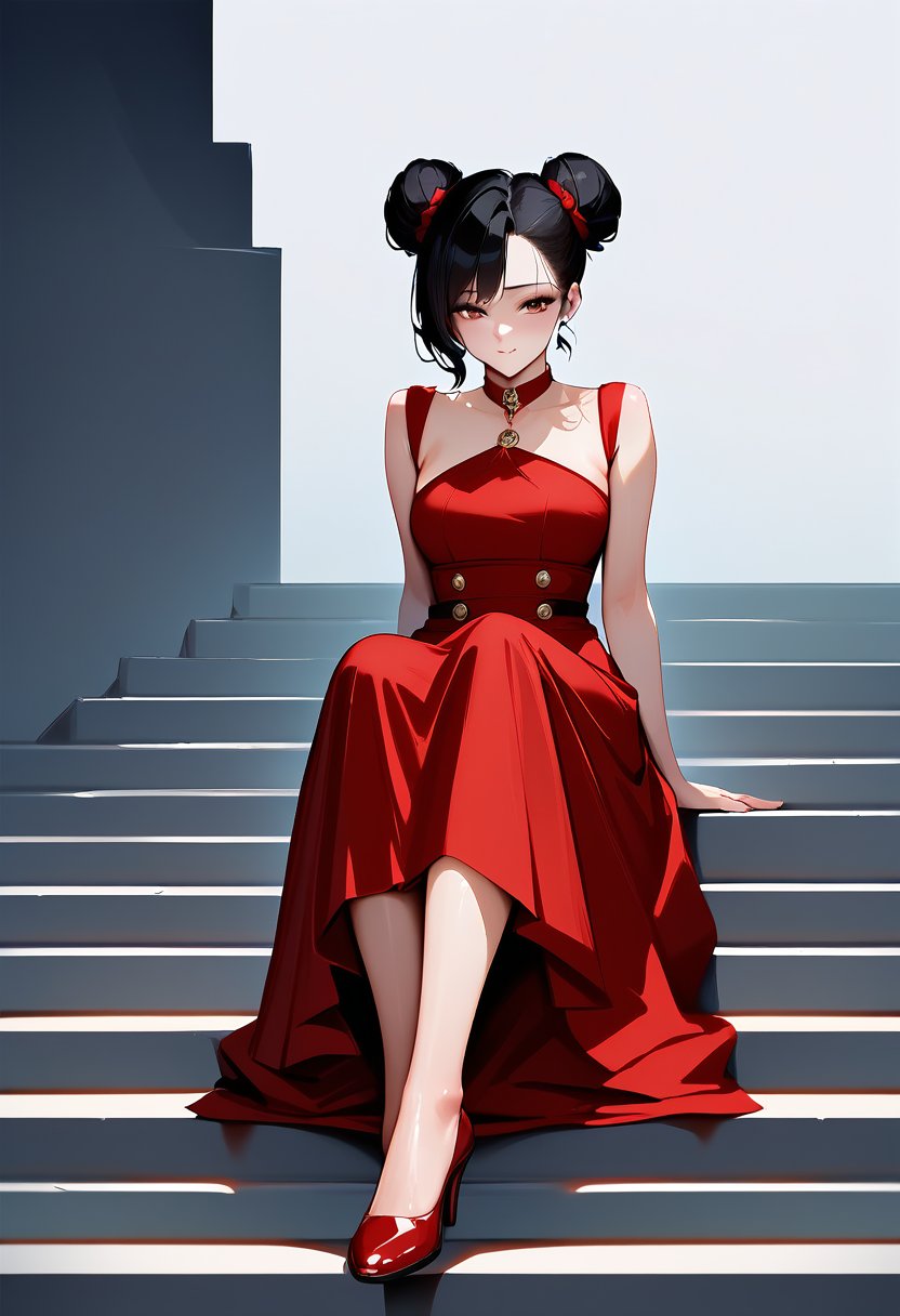 score_9, score_8_up, score_7_up, score_6_up, source_anime, <lora:CKS 0.2v:1>, cksxin, 1girl, solo, adult, sitting on stairs, cement stairs, red dress, short hair, hair buns, red shoes, flowing dress, black hair, space buns, leaning head on hand, long dress, knee long dress, looking at viewer, simple background, empty background, photoshoot,