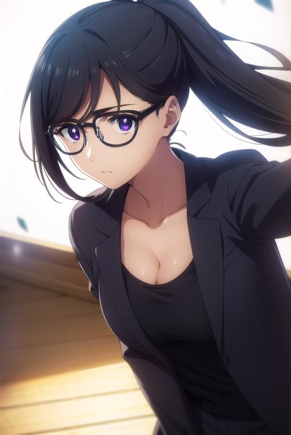 hizuruminakata, <lora:hizuru minakata s1-lora-nochekaiser:1>,hizuru minakata, long hair, black hair, glasses, (purple eyes:1.1), black-framed eyewear,BREAK ponytail, shirt, gloves, cleavage, collarbone, jacket, black gloves, pants, black jacket, black shirt, black pants, formal, suit,BREAK outdoors,BREAK looking at viewer,BREAK <lyco:GoodHands-beta2:1>, (masterpiece:1.2), best quality, high resolution, unity 8k wallpaper, (illustration:0.8), (beautiful detailed eyes:1.6), extremely detailed face, perfect lighting, extremely detailed CG, (perfect hands, perfect anatomy),