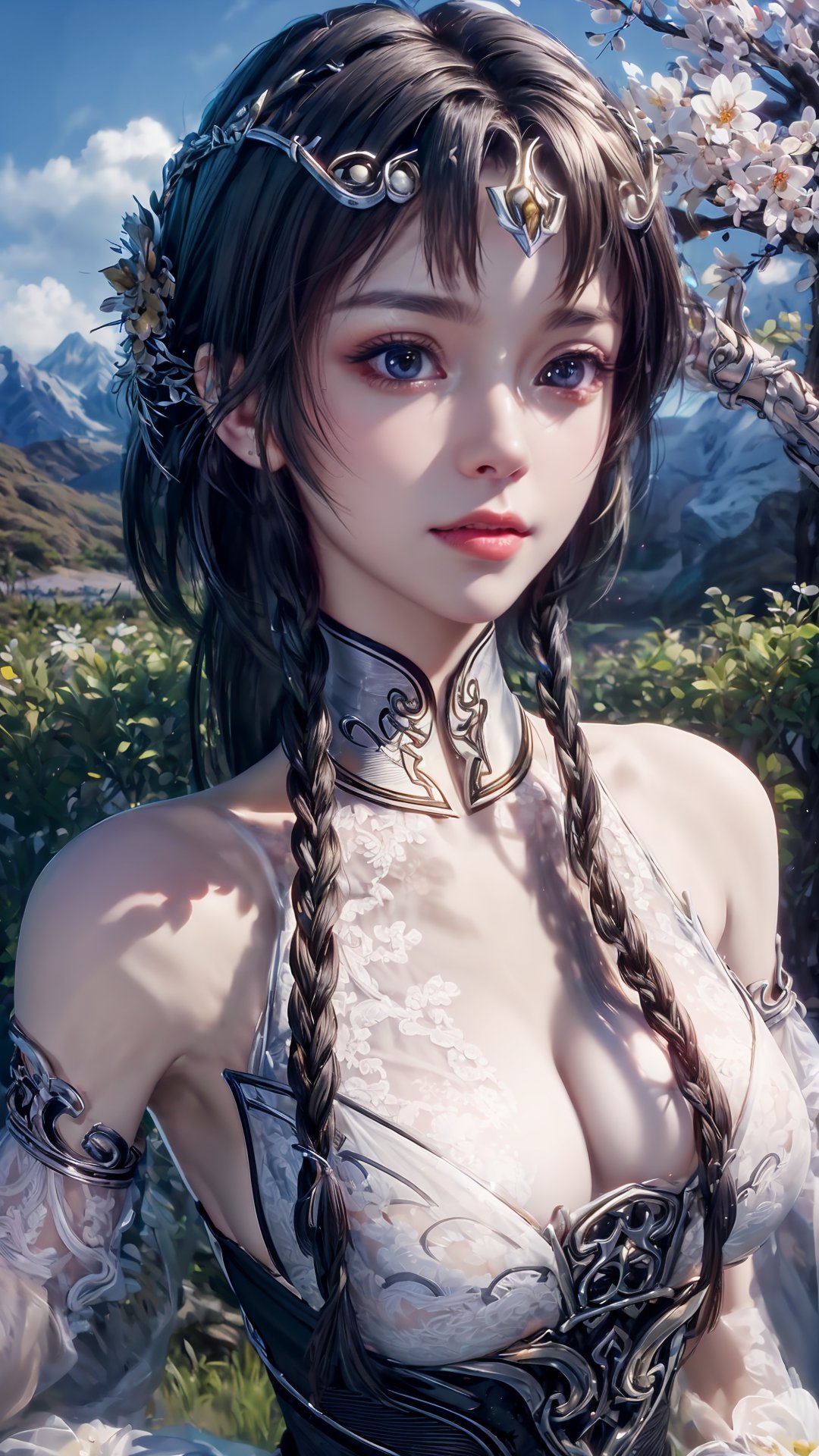 masterpiece,best quality,official art,extremely detailed CG unity 8k wallpaper,realistic,light rays,light particles,1girl,bracelet,jewelry,solo,braid,black_hair,bangle,breastsmedium chest,dress,in a meadow,stream,mountain,cherry_blossoms,flower,outdoors,long_hair,earrings,hair_ornament,dynamic pose,looking at viewer,