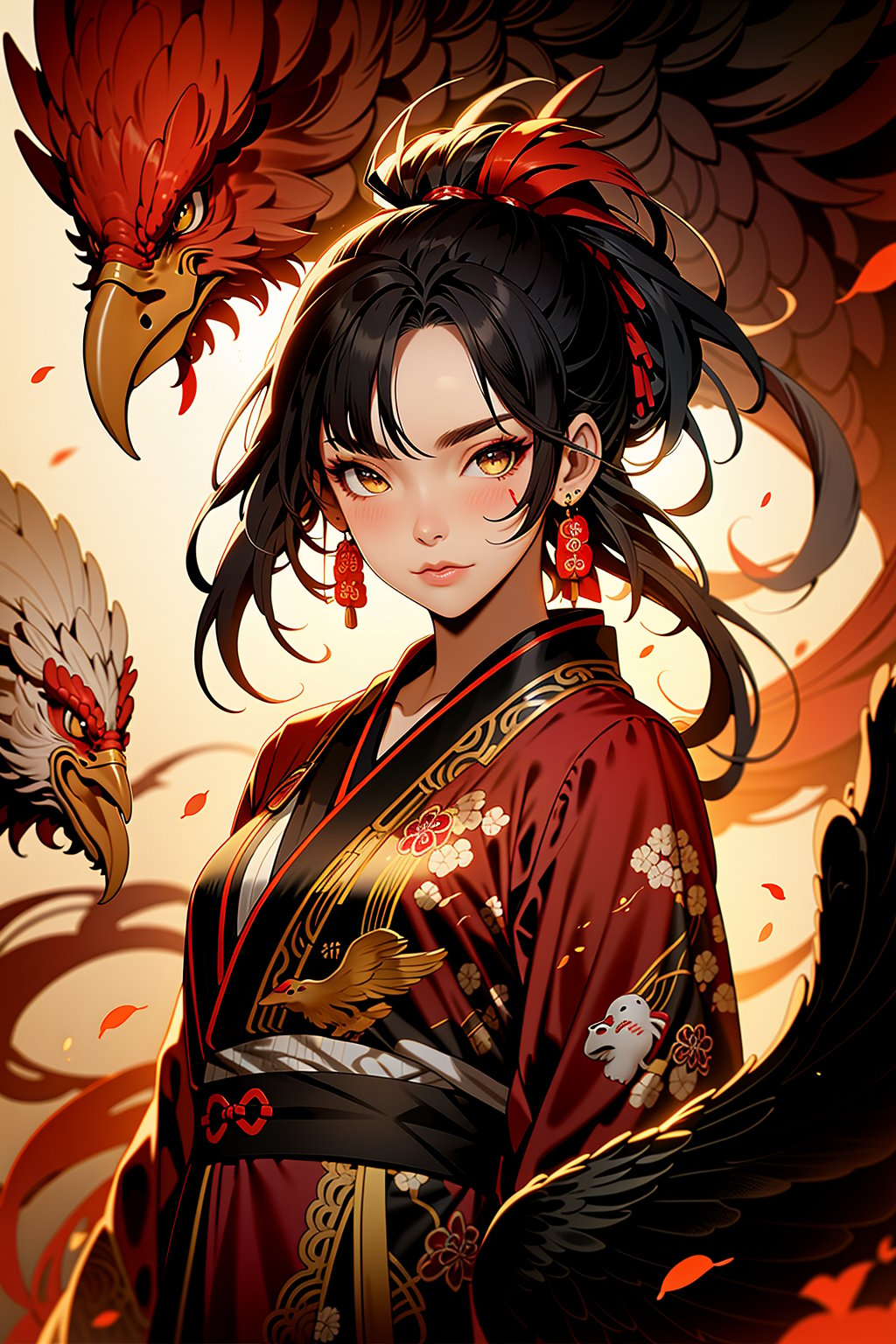 1girl,black kimono,bird,looking at viewer,black hair,bangs,sash,yellow eyes,floral print,solo,obi,closed mouth,upper body,earrings,facial mark,animal,long hair,fire,dark skin,jewelry,floating hair,chicken,embers,ponytail,v-shaped eyebrows,hair ornament,print kimono,year of the rooster,tassel,zodiac,Dark,masterpiece,best,<lora:暗黑十二生肖_Zodiac:0.8>,