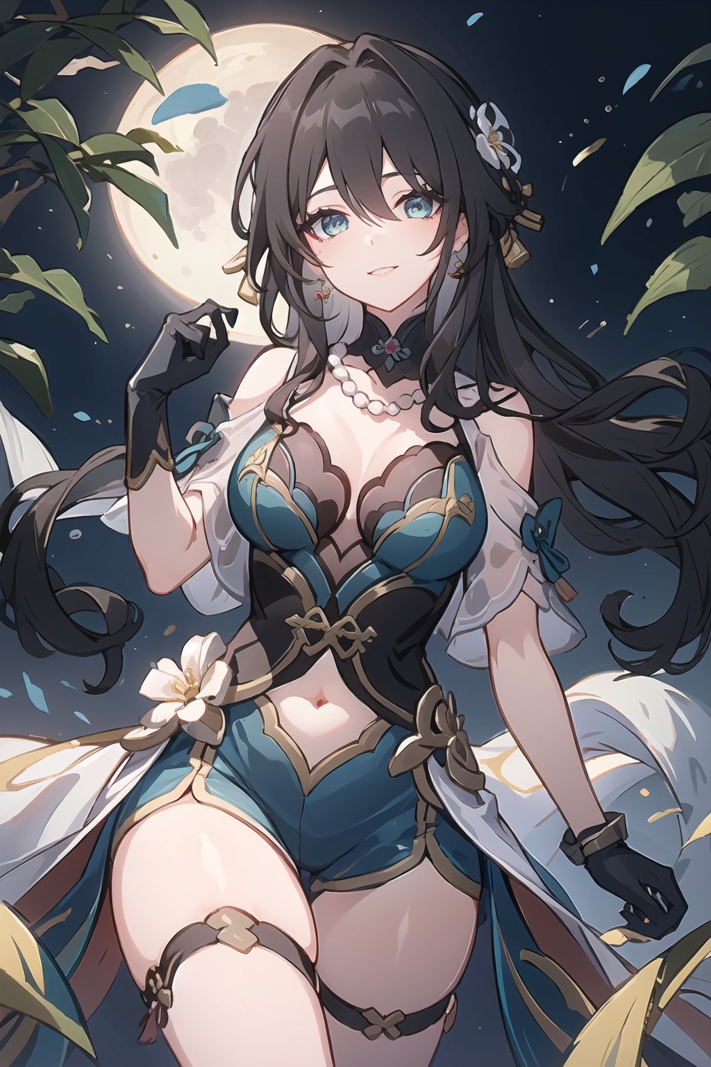 masterpiece,best quality,detialed,ruanmei,ruanmei_official,chinese dress,breasts,long hair,hair between eyes,black hair,bangs,medium breasts,cleavage,hair ornament,thigh strap,white flower,beads,gloves,jewelry,flower,dress,earrings,bare shoulders,blue dress,hair intakes,ruby necklace,black choker,green eyes,blue eyes,<lora:阮梅-0.8-逐辰十七:0.8>,1girl,by the moon,contour deepening,Smile,upshorts,cityspace,moonlight,