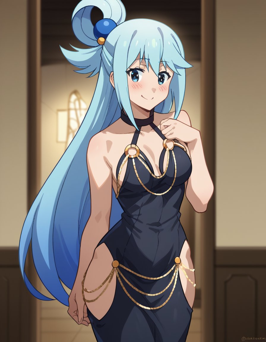 score_9, score_8_up, score_7_up, source_anime, konosubaaqua, <lora:konosuba-aqua-s2-ponyxl-lora-nochekaiser:1>, aqua (konosuba), long hair, blue eyes, hair ornament, very long hair, blue hair, hair rings, single hair ring, hair bobbles,, <lora:madokawa-dress-ponyxl-lora-nochekaiser:1>, modakawa dress, gold chain, tight dress, hip vent, low neckline, criss-cross back-straps, taut dress, evening gown, o-ring dress, black dress, backless dress,, indoors, smile, blush,, cowboy shot, dutch angle,