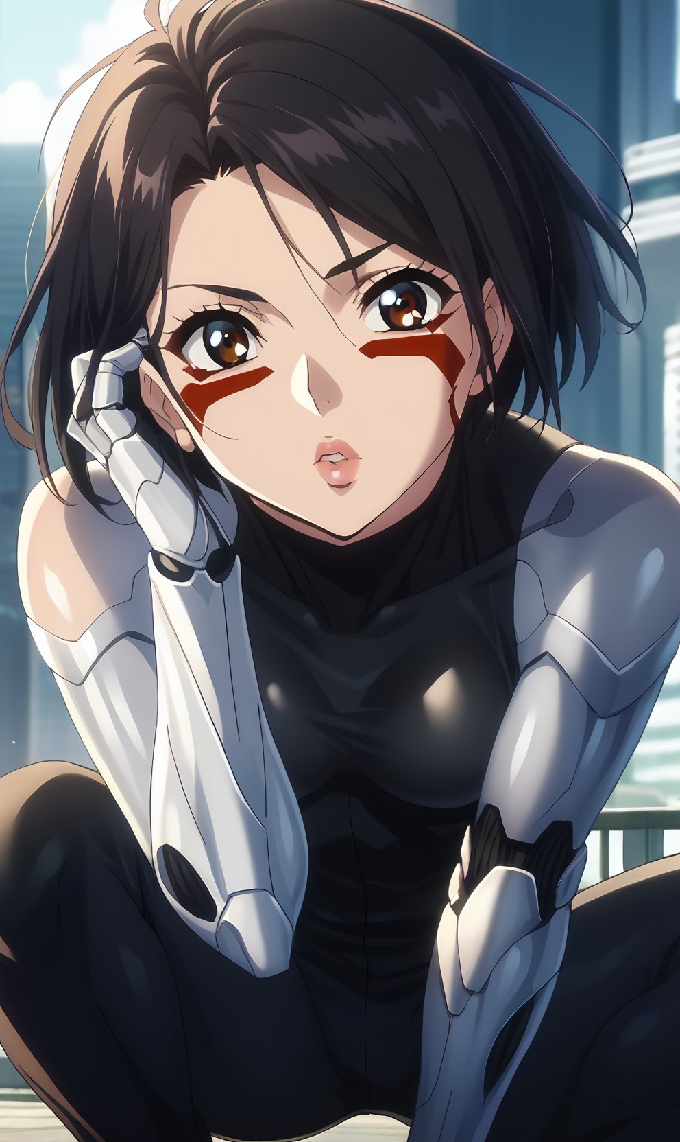 score_9, score_8_up, score_7_up, 1girl, source_anime, anime style, screencap,  <lora:Gally:1> gallyxl, short hair,  black hair, brown eyes, lips, facepaint, facial mark, bodysuit, pants,  mechanical arms, robot skin, bare shoulders, android, cyberpunk, science fiction, parted lips, city, slav squatting, looking at viewer, cityscape, day, adjusting hair, <lora:anime_screencap:1.3> fine anime screencap_xl, anime_screencap, (flat color:1.1), 