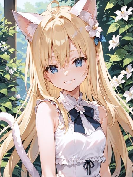 score_anime, score_9, score_8_up, score_7_up, masterpiece, best quality, <lora:Fixhands_V1:1> <lora:TypeHP:1>  1girl, solo, (upper body:1.5), ahoge, animal ears, blonde hair, blue eyes, blush, cat ears, cat girl, cat tail, cropped torso, dress, expressionless, flower, hair flower, hair intakes, grin, hair between eyes, long hair, sleeveless, sleeveless dress, smile, tail, white dress, white flower