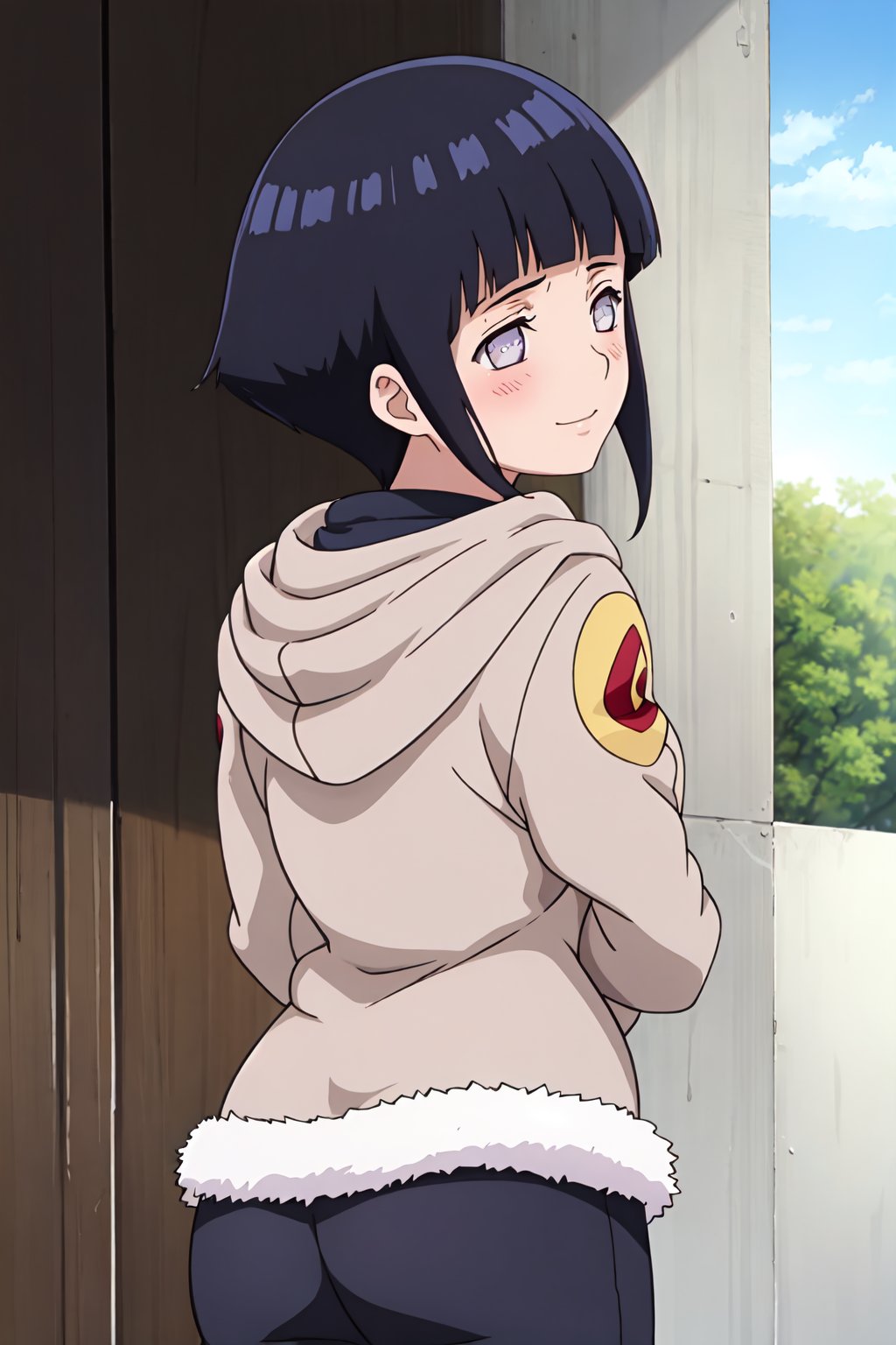 hinata, 4k, absurd, high resolution, very high resolution, high definition, masterpiece, anime_source, short hair, black hair, no pupils, blunt bangs, shiny hair, white eyes, hoodie, hood down, long sleeves, pants capri,hands behind back, blush, smile, upper body, arms in V, embarrassed, blushing, from behind<lora:EMS-383008-EMS:0.800000>