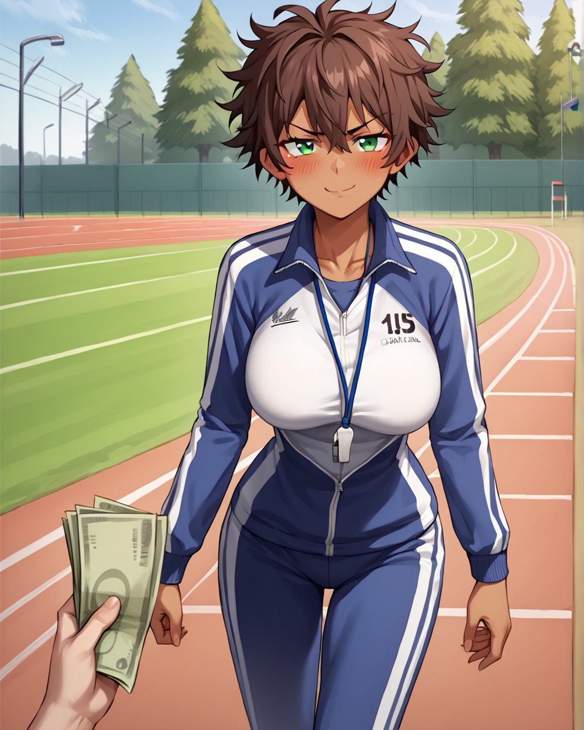 score_9, score_8_up, score_7_up, source_anime BREAK 1girl, brown hair, short hair, breasts, perky breasts, female gym teacher, pov, money, holding money, standing, track suit, dark-skinned female, looking at viewer, blush, messy hair, green eyes, running track, <lora:POV_holding_money:1>, fence, trees, outdoors, school buildings, smug, whistle, collarbone, rating_questionable 