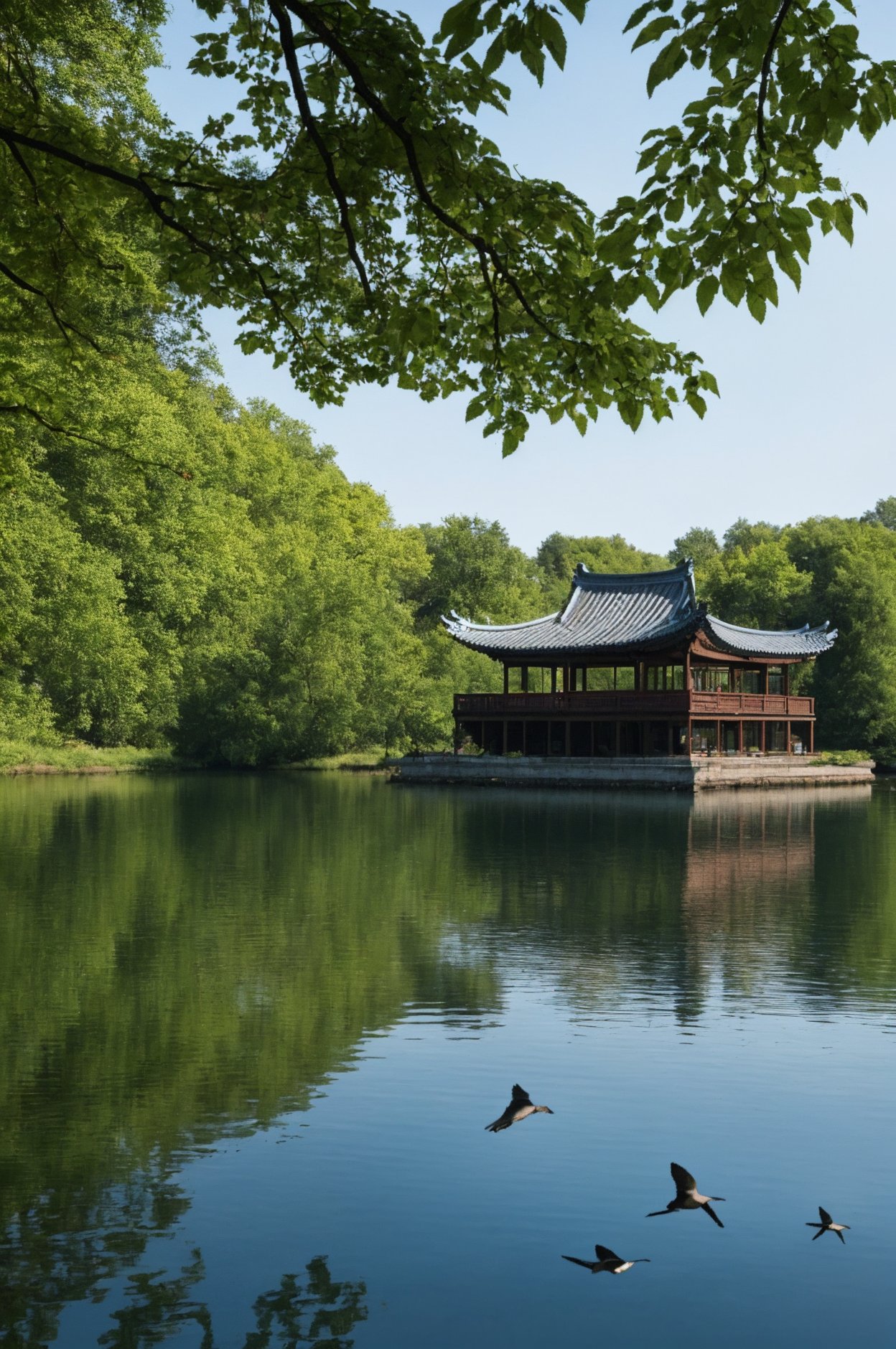 This is a painting depicting ancient Chinese architecture and natural landscape. In the picture, we can see a traditional blue-roofed building, which is located next to a peaceful lake. There is an old pine tree in front of the building, with luxuriant branches and leaves and a beautiful tree shape. There are some boats on the lake and birds flying in the distance. The whole scene gives a sense of tranquility and harmony.