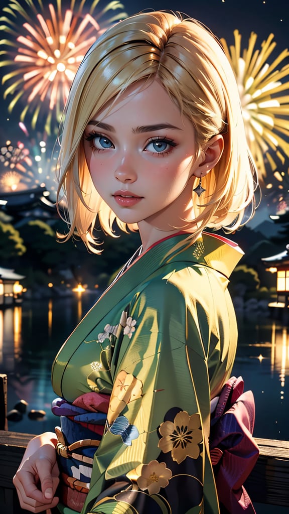 (best quality, masterpiece, colorful, dynamic angle, highest detailed) Realistic photo, fashion photography of a cute European girl with iridiscent blonde hair, flirting with POV, in traditional japanese gold&black kimono, ultra detailed kimono textures, perfect night, kyoto, fireworks, (intricate details, hyperdetailed:1.15), detailed, moonlight passing through hair, (official art, extreme detailed, highest detailed), HDR+