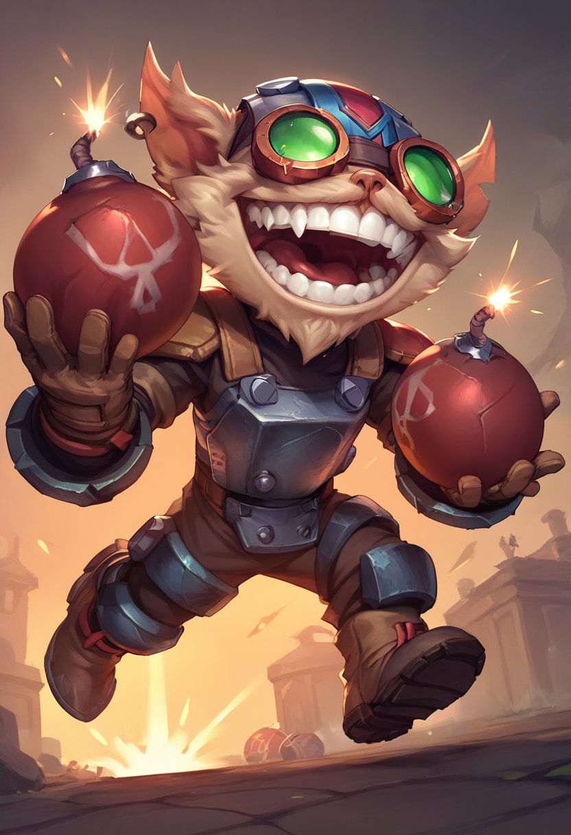 ,score_9, score_8_up, score_7_up, score_6_up,z1ggs, 1boy, male focus, yordle, teeth, grin, open mouth, explosive, holding bomb, bomb, grenade ,armor, goggles, helmet, gloves, brown gloves,  <lora:Ziggs_Default_v1:0.9>