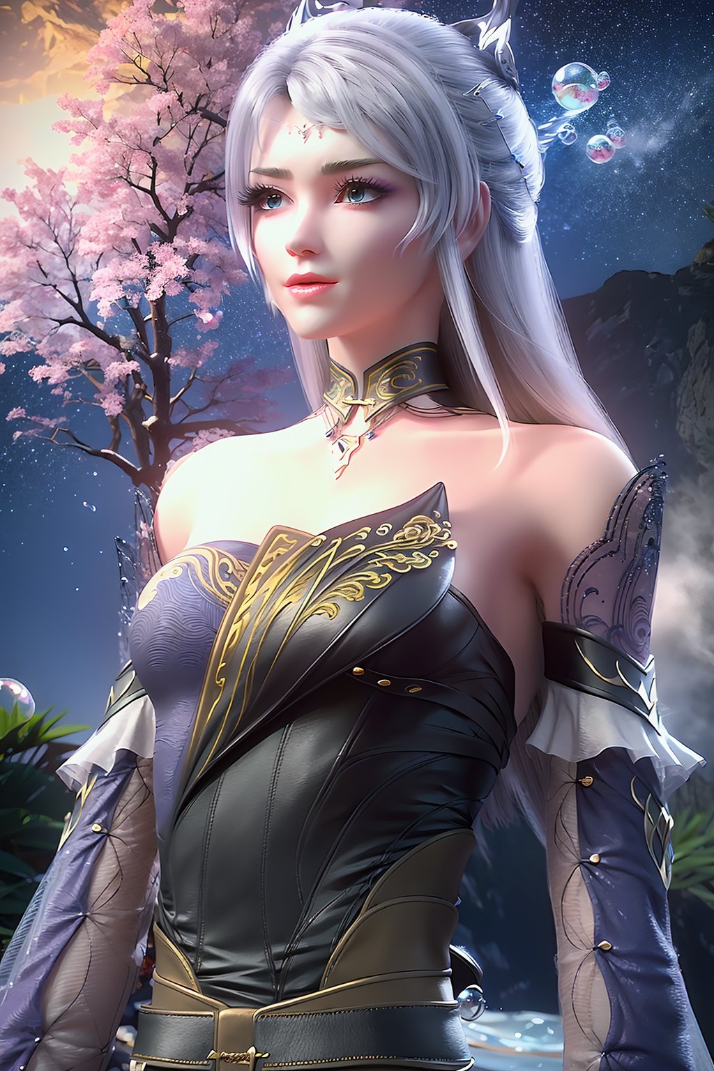 dazhuzai,luoli,hanfu,upper body,<lora:luoli_v1:1>,1girl,solo,long hair,masterpiece,HDR,UHD,8K,best quality,(((masterpiece))),(((best quality))),((ultra-detailed)),((illustration)),((an extremely delicate and beautiful)),dynamic angle,floating, (beautiful detailed eyes), (detailed light), (((ink))),depth of field,((watercolor)) 1girl, small breasts, red hair, blue eyes, ((veil)), bare shoulders, navel, (starry sky),(desert),(floating sand flow), (((colorful bubble)))<lora:add_detail:0.7>