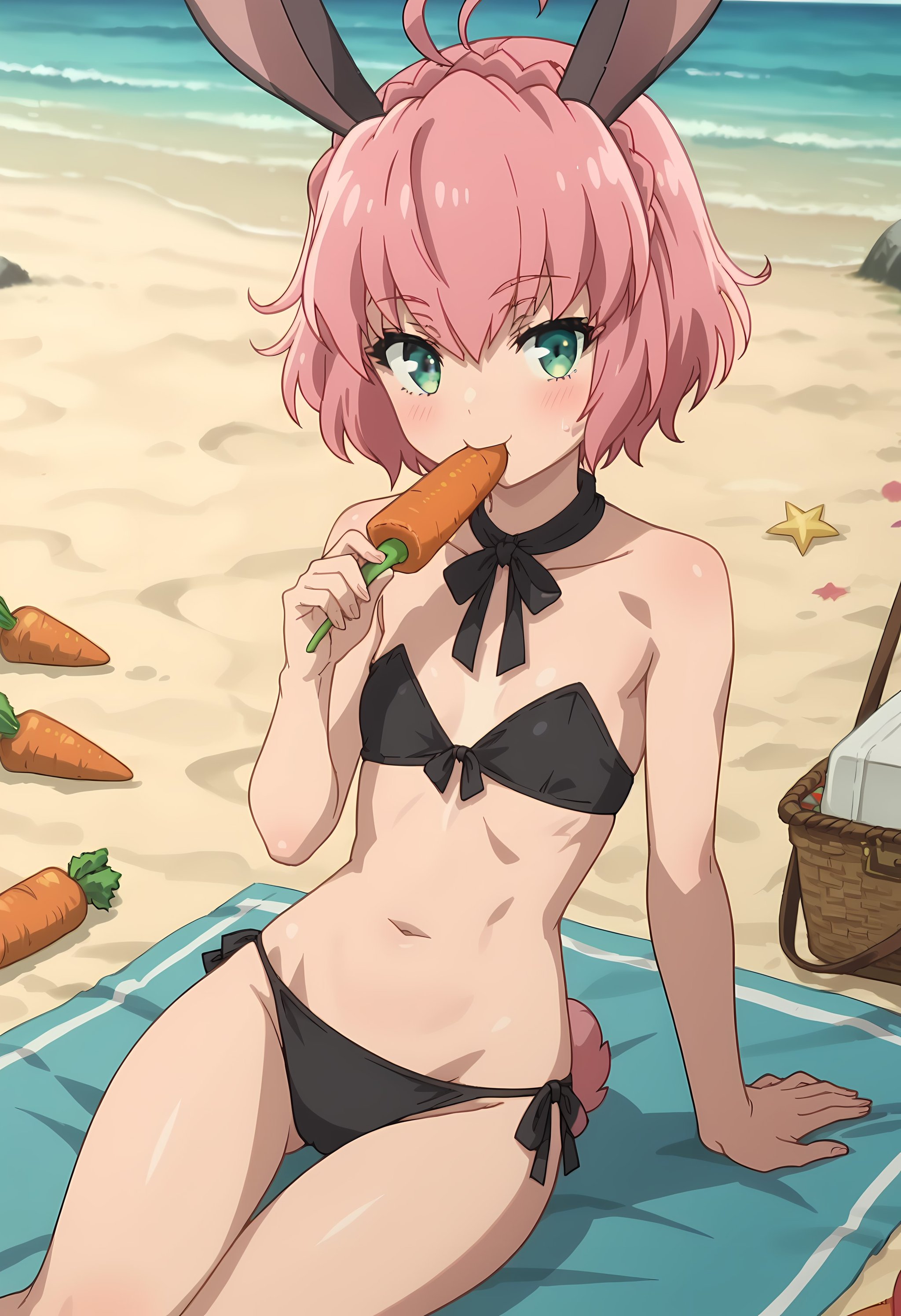 score_9, score_8_up, score_7_up, source_anime, 2d, Sylvie, 1girl, pink hair, short hair, green eyes, rabbit ears, very small breasts, anime coloring, anime screencap, detailed eyes, zPDXL, perfect faces, uncensored, rating_explicit <lora:sylvie_1-000045:1> , beach, black strapless bikini, sitting on towel, sitting on side, eating carrot, solo, 