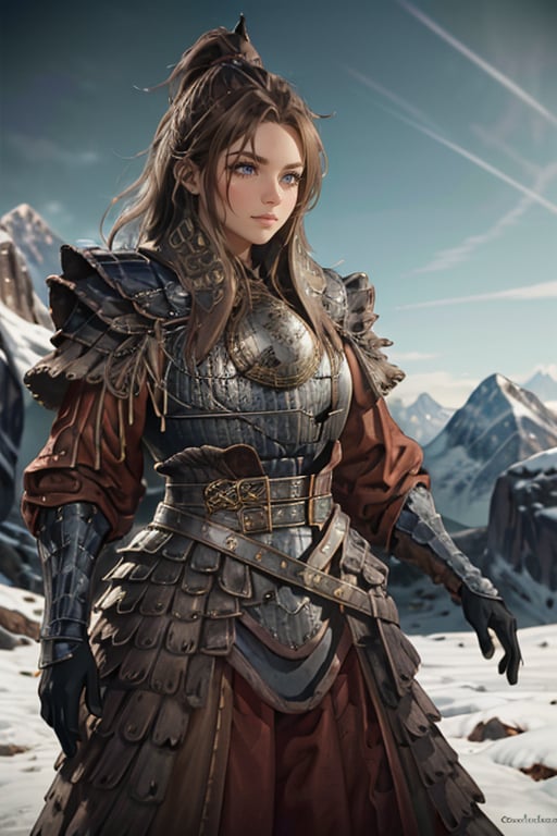 <lora:HXarmour_052>,mountain,looking to the side,, hxarmour,1girl,(light brown armour:1.3),, ultra-detailed,extremely delicate and beautiful,(by exquisite colors block),masterpiece,best quality,unreal engine 5 rendering,movie light,movie lens,movie special effects,detailed details,HDR,UHD,8K,CG wallpaper,